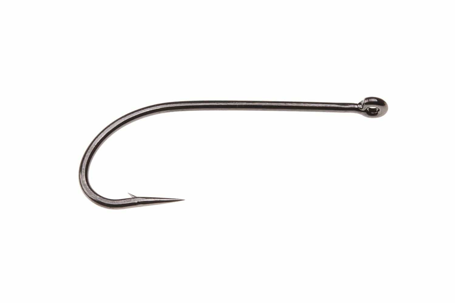 Gunmetal Ahrex NS110 streamer hook with long straight shank, round eye and curved point with small barb for fly tying