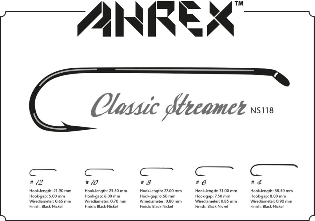 Ahrex NS118 black-nickel classic streamer hooks showing long-shank curved fly hooks with size specs for fly tying