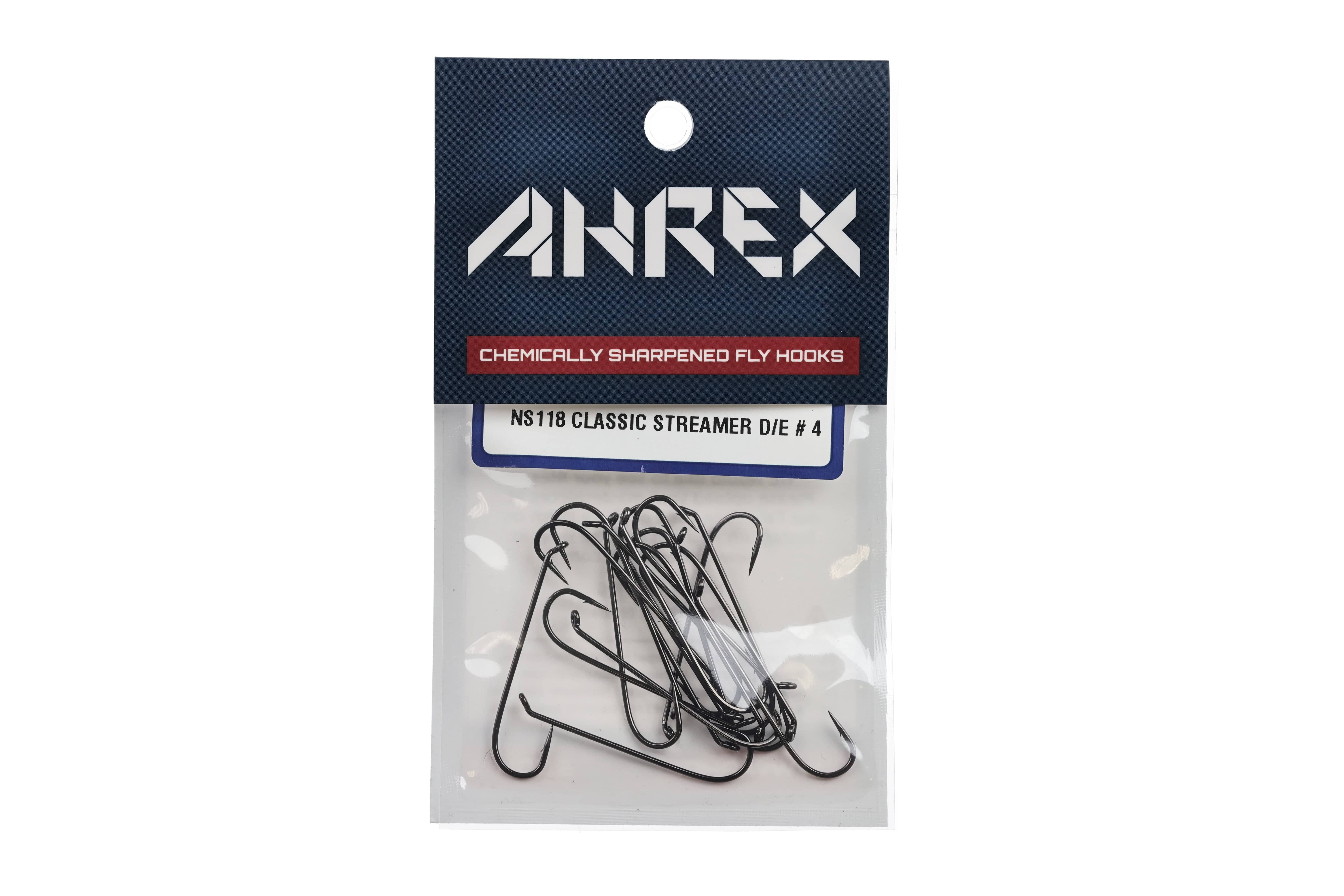 Ahrex NS118 pack with dark metallic classic streamer fly hooks, chemically sharpened, in clear pouch with navy header
