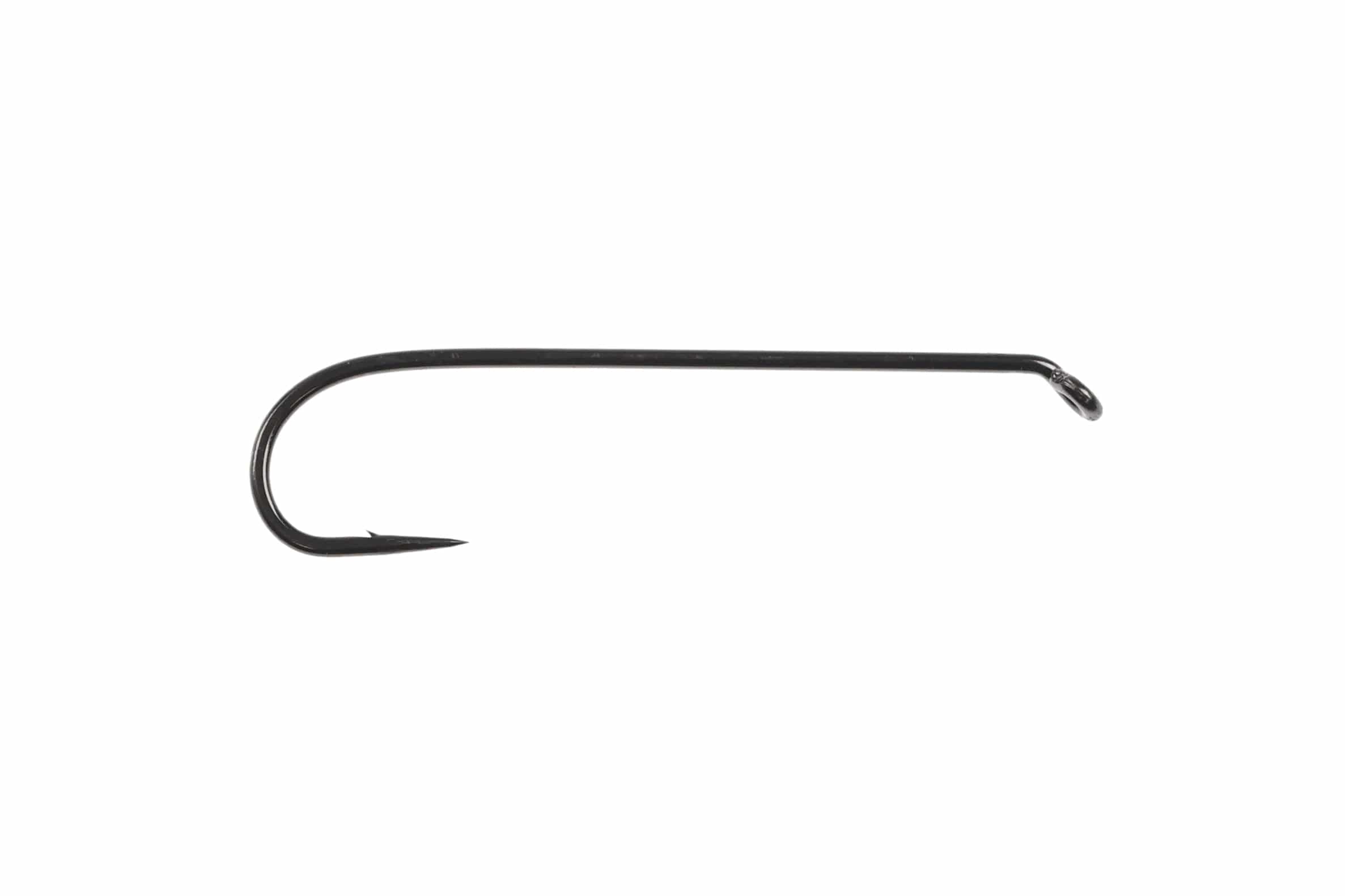 Black nickel long-shank streamer hook with turned-up eye and sharp barbed point for fly tying