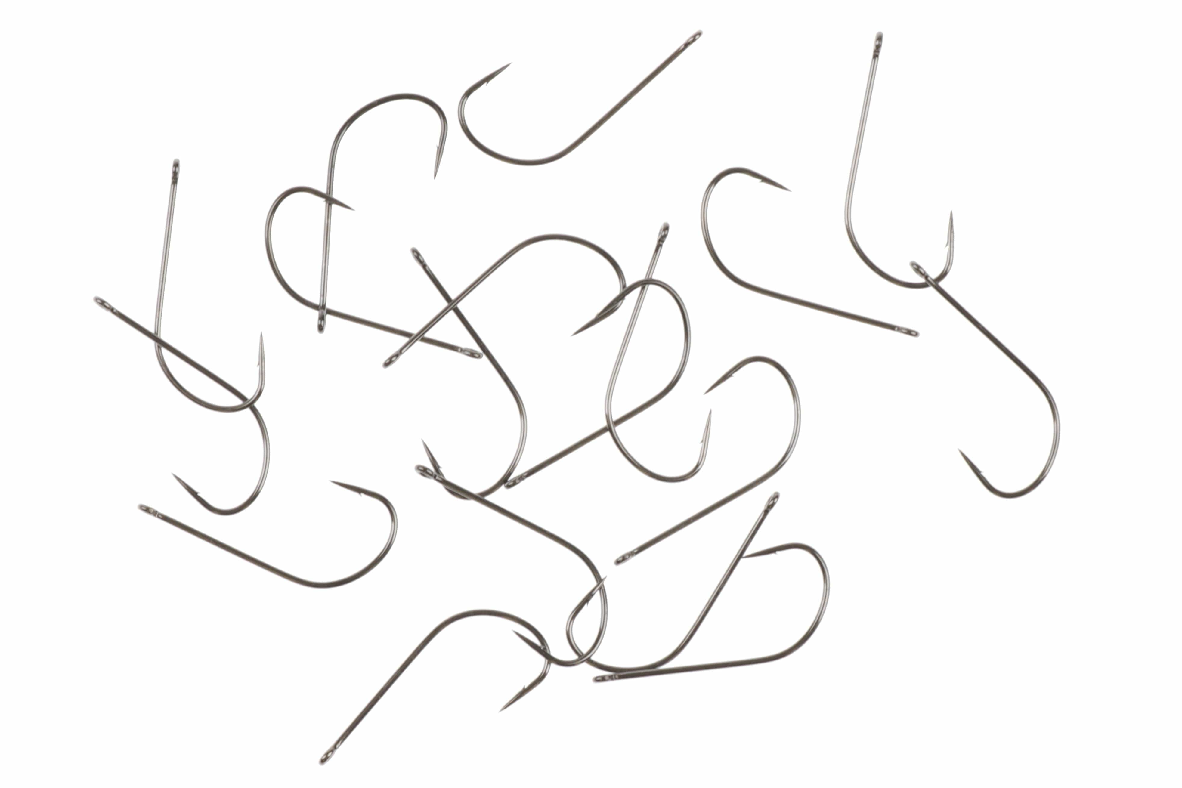 Scattered matte-nickel Ahrex NS122 light stinger hooks, stainless steel long-shank stinger style for fly tying