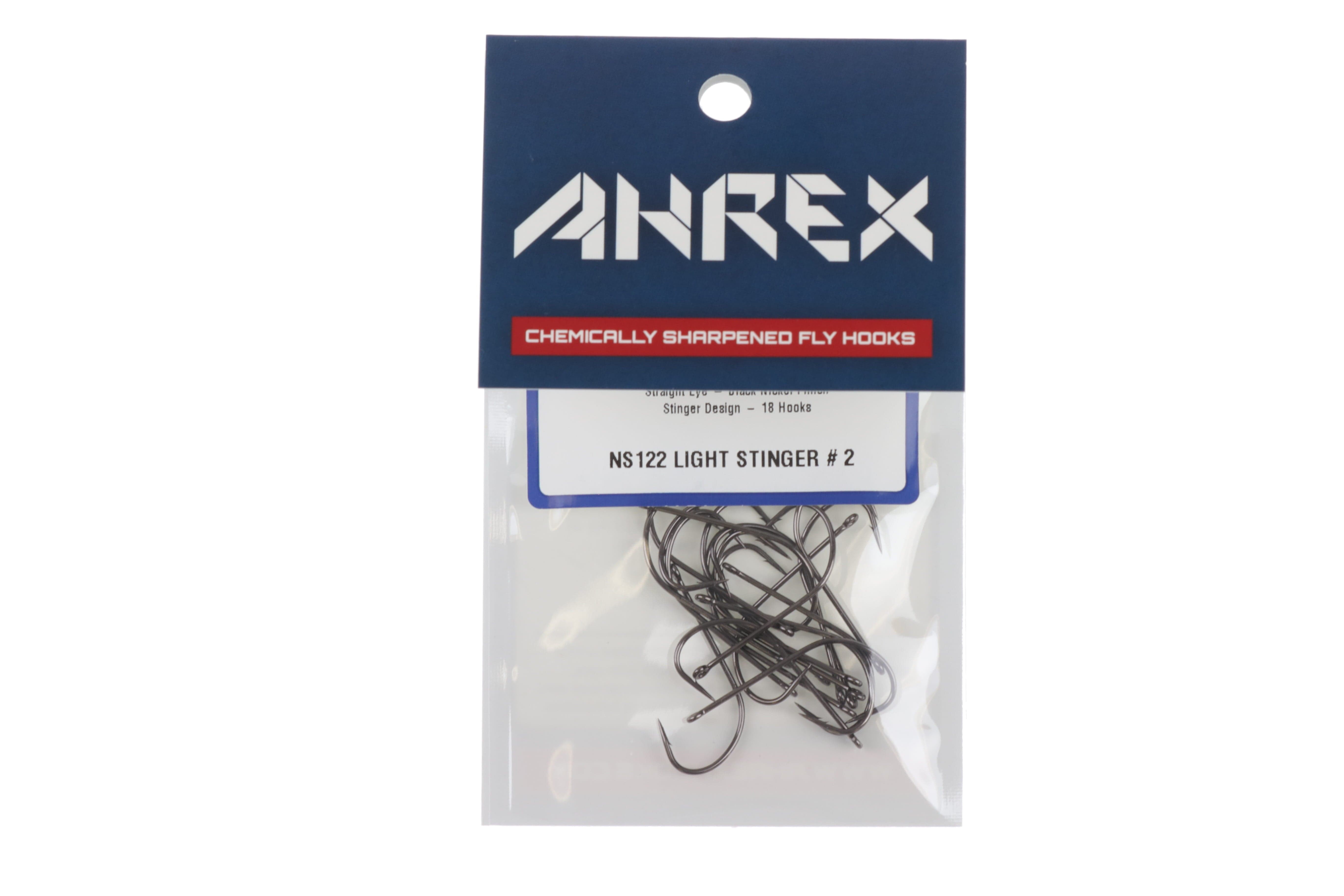 Ahrex NS122 Light Stinger gunmetal hooks in clear pack with navy header card, chemically sharpened stinger style fly hooks