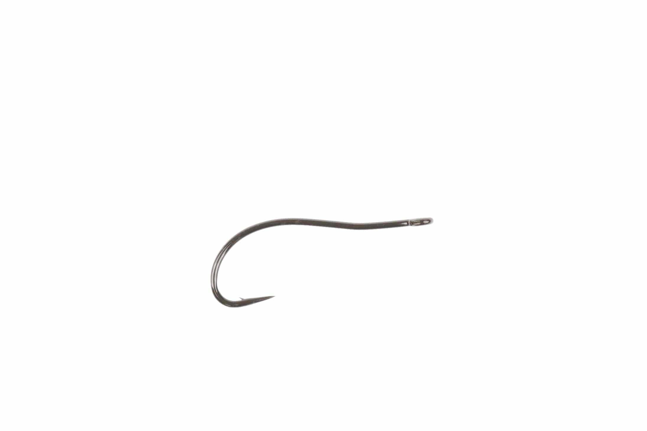 Matte black curved Ahrex NS150 shrimp hook with elongated eye and sharp barb, high-carbon fly tying hook