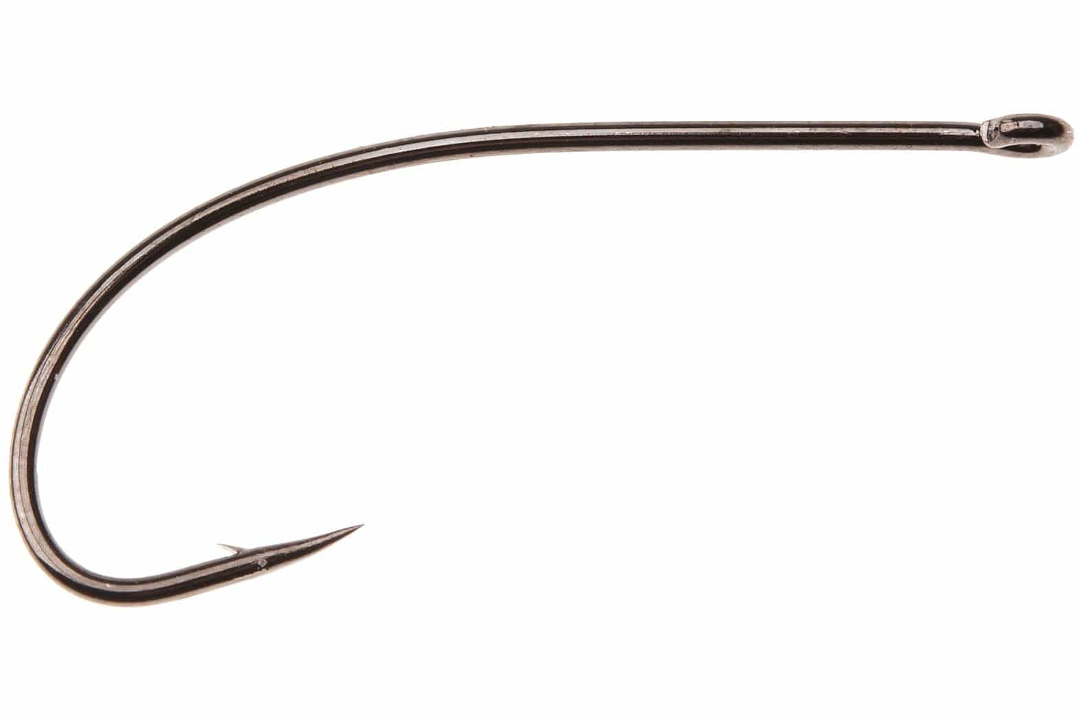 Ahrex NS156 dark bronze metal shrimp hook with long curved shank, closed oval eye and sharp barbed point for fly tying