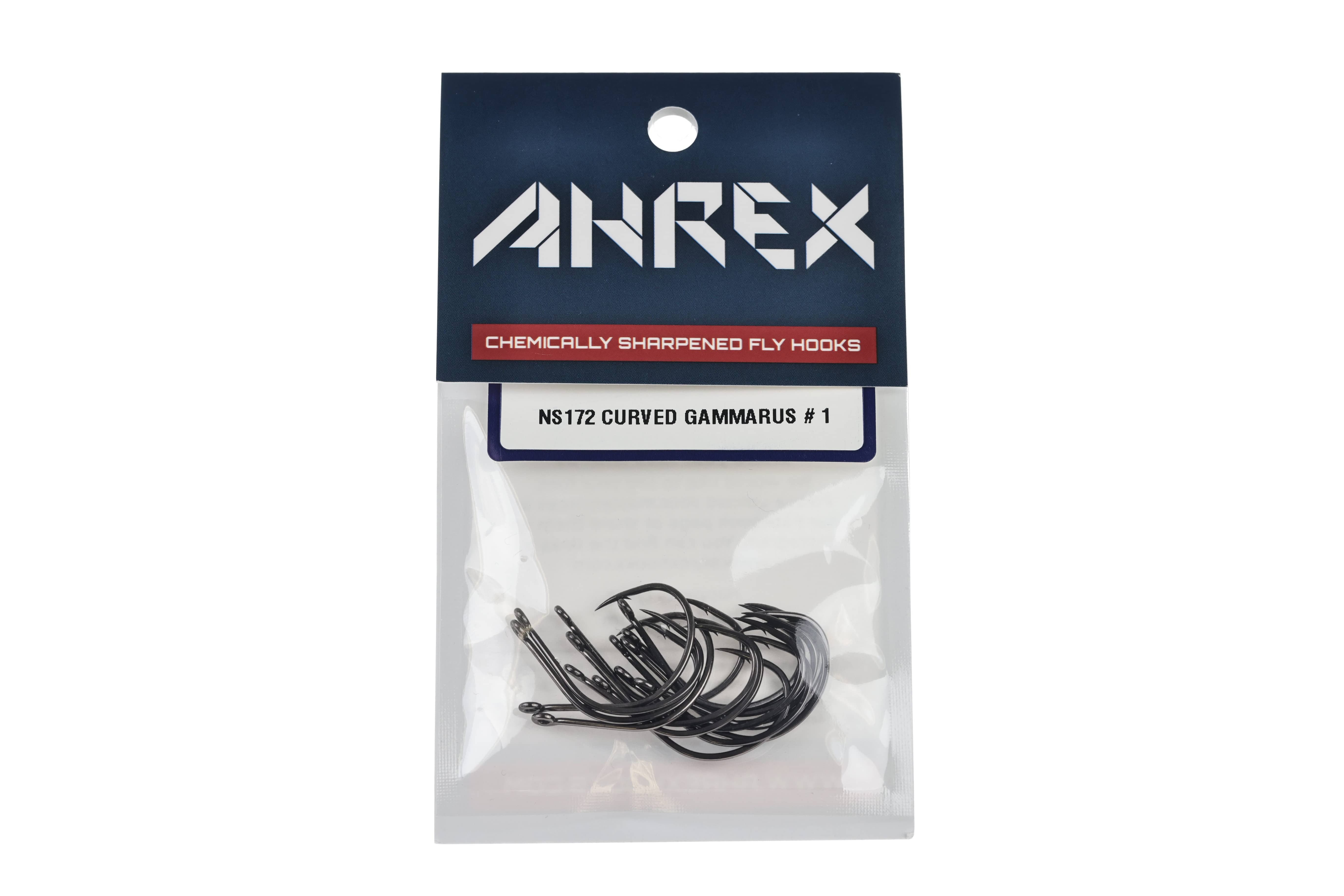 Ahrex NS172 curved gammarus fly hooks pack showing black chemically sharpened curved hooks in clear plastic pouch
