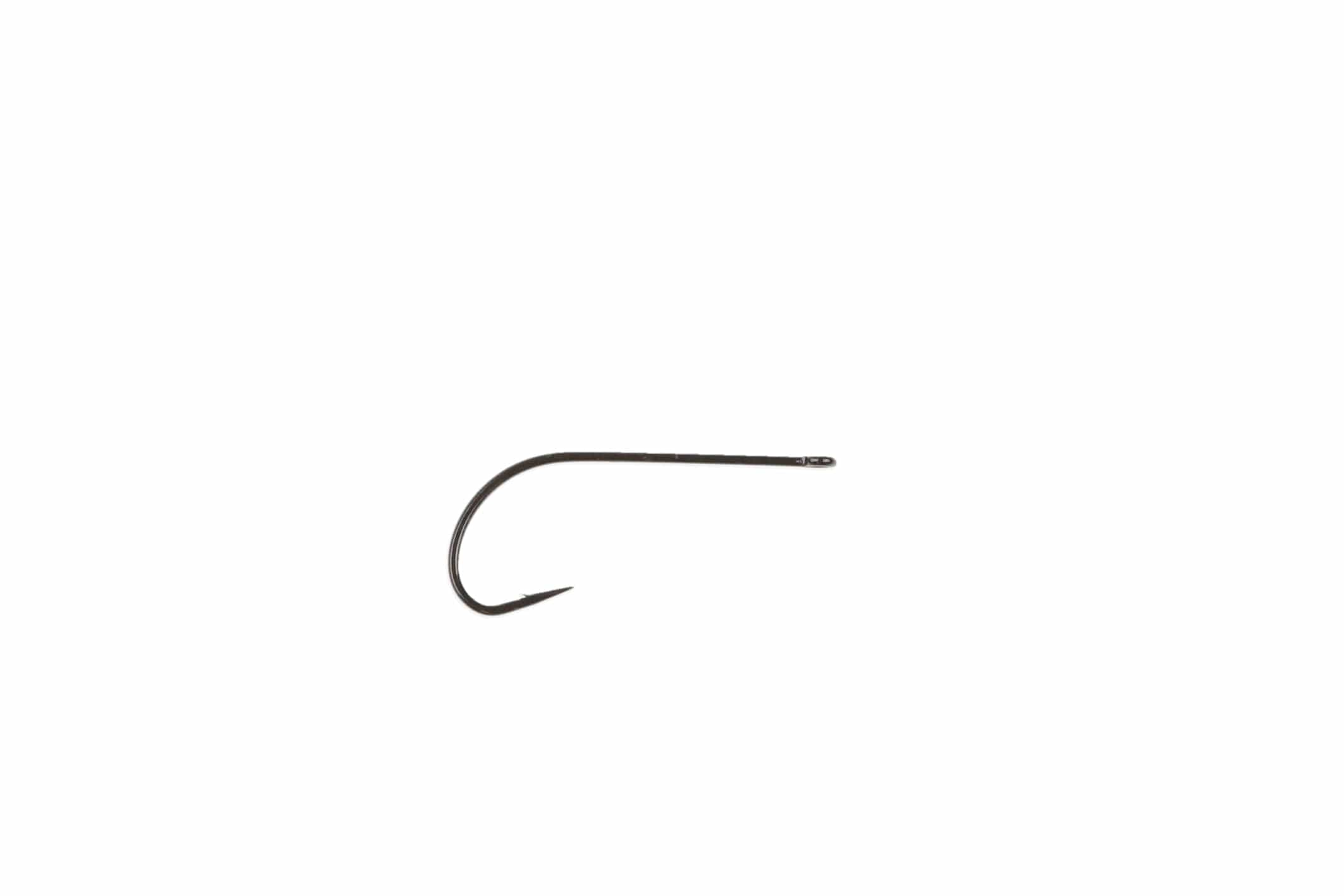 Ahrex PR320 black nickel predator stinger hook with straight eye, curved short shank and sharp downturned point for fly tying
