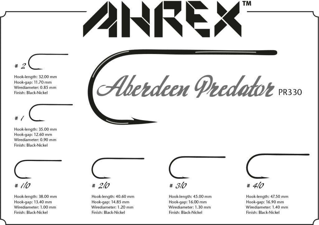 Ahrex Aberdeen Predator PR330 black-nickel long-shank curved fly tying hooks diagram with sizes