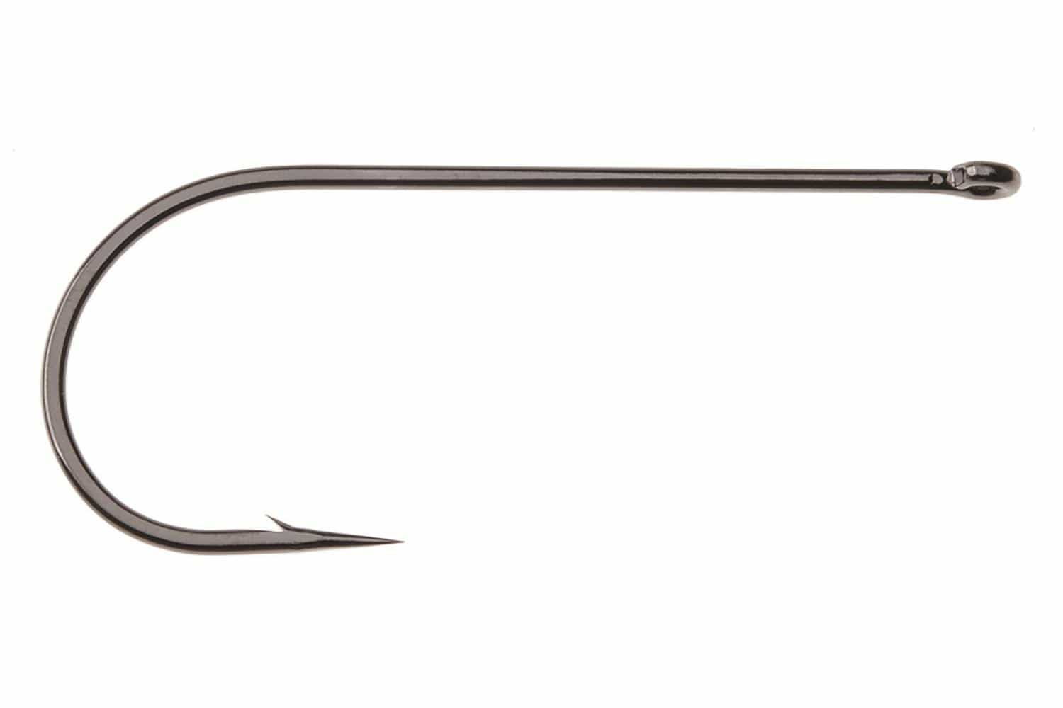 Ahrex PR330 long-shank Aberdeen predator fly tying hook in black nickel, round bend, sharp point with small barb