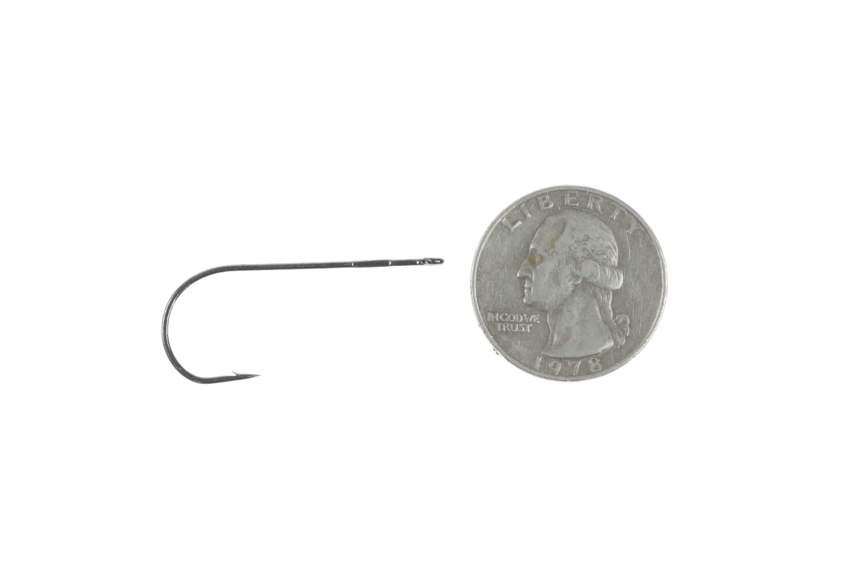 Matte black long-shank Ahrex Aberdeen predator hook with fine point and offset eye beside US quarter for scale