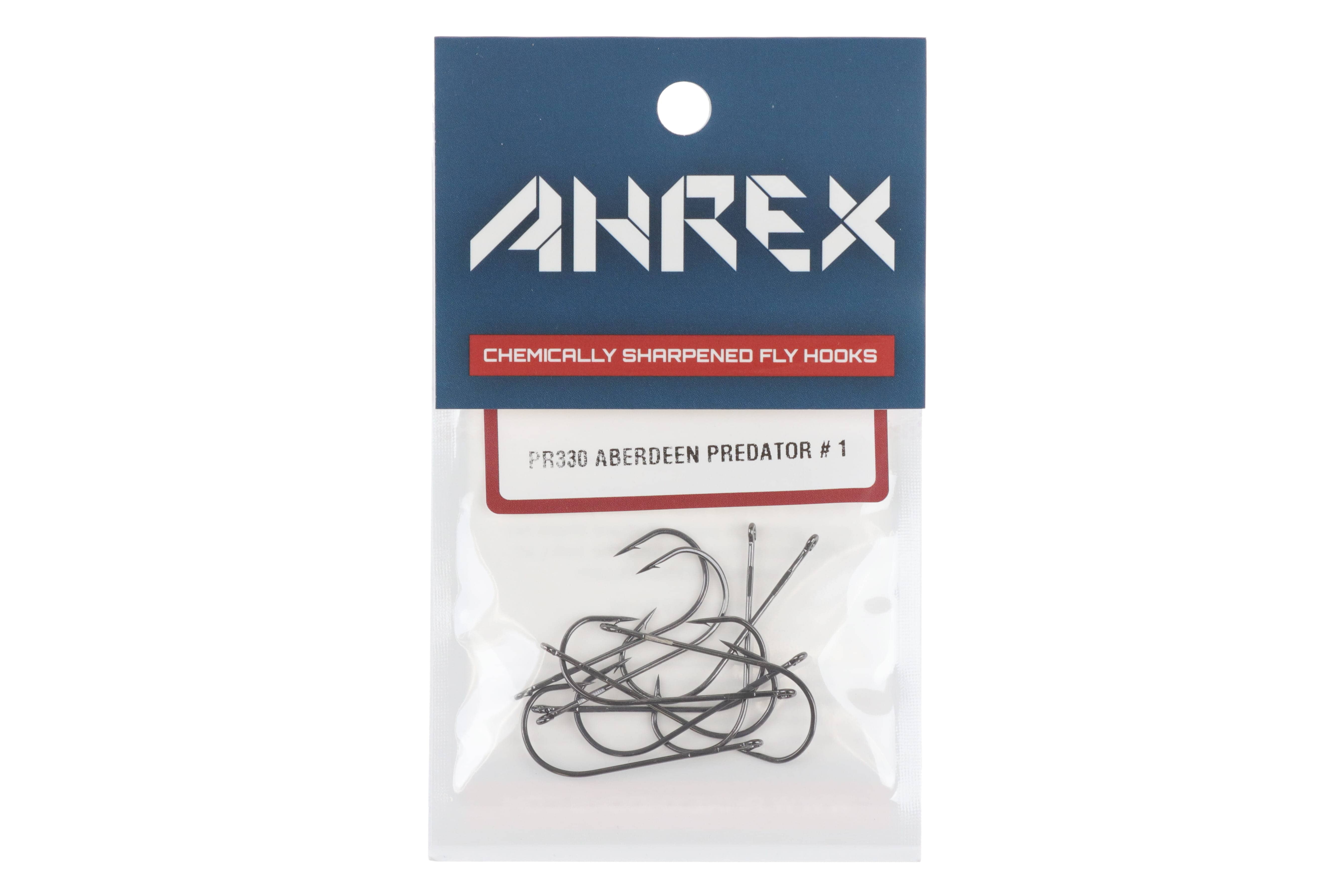 Ahrex PR330 Aberdeen predator fly hooks, matte black nickel long-shank curved hooks with turned-down eyes in clear pack