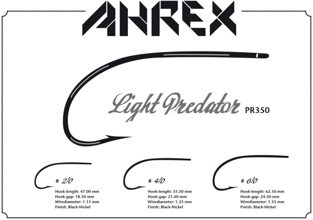 Ahrex PR350 Light Predator black-nickel fly tying hooks illustration, three curved predator-style hooks with size/spec text