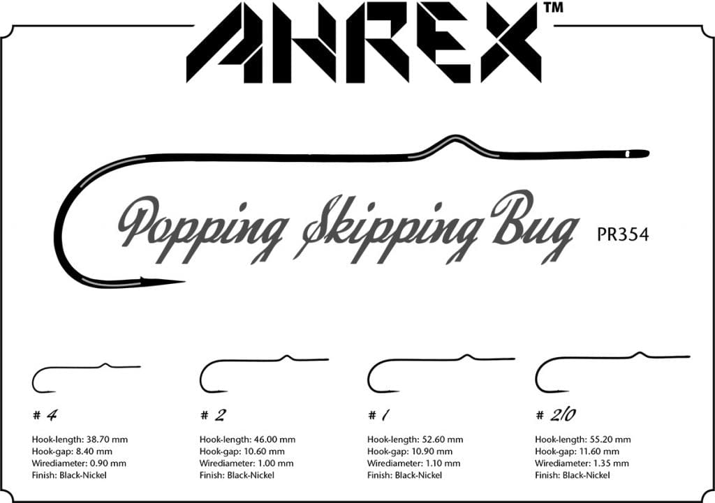 Ahrex PR354 black-nickel long-shank Popping Skipping Bug fly tying hooks drawn side profiles showing sizes and wire kink.