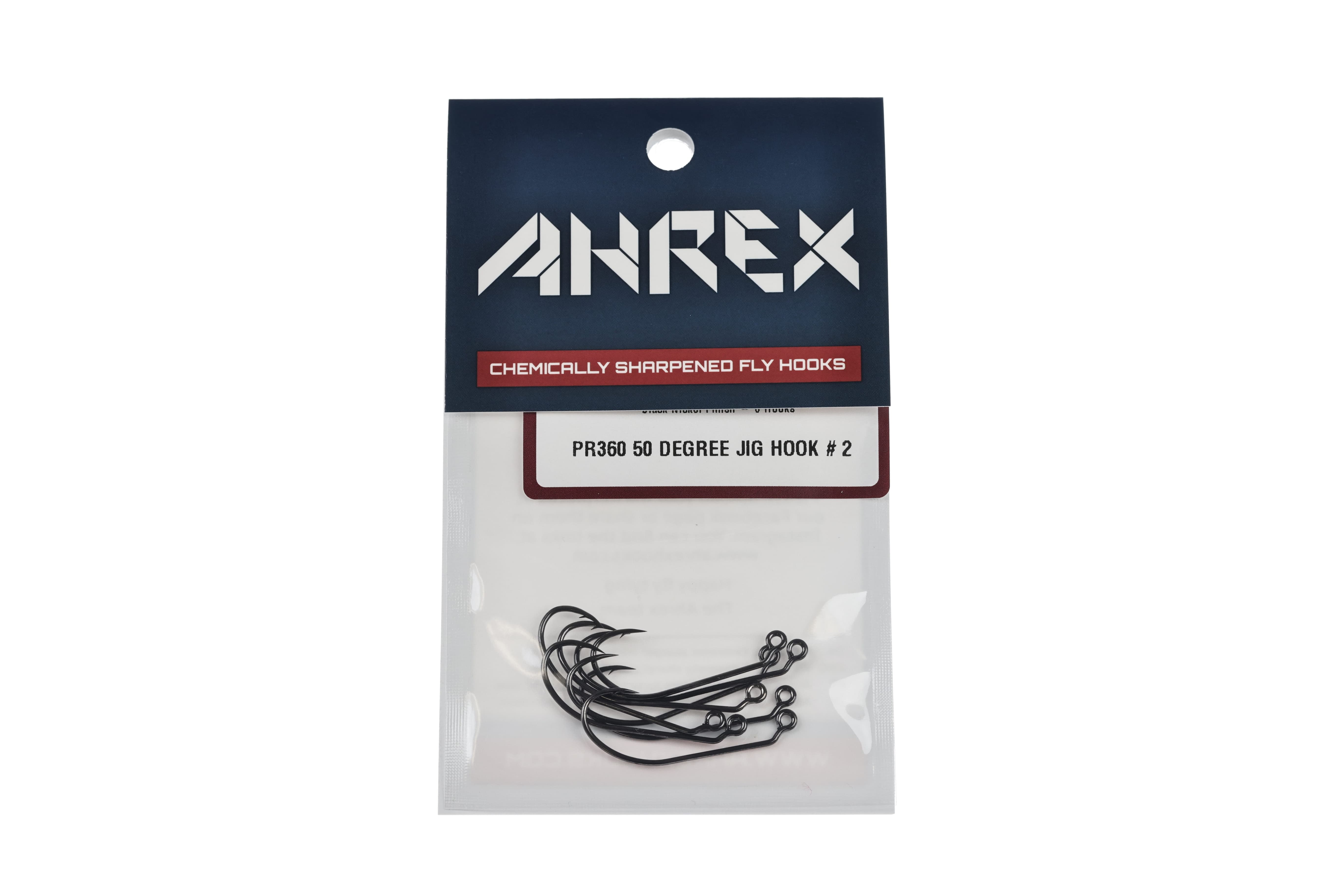 Ahrex PR360 black 50 degree jig hooks in clear pouch, curved matte hooks with turned-up eye and navy header for fly tying