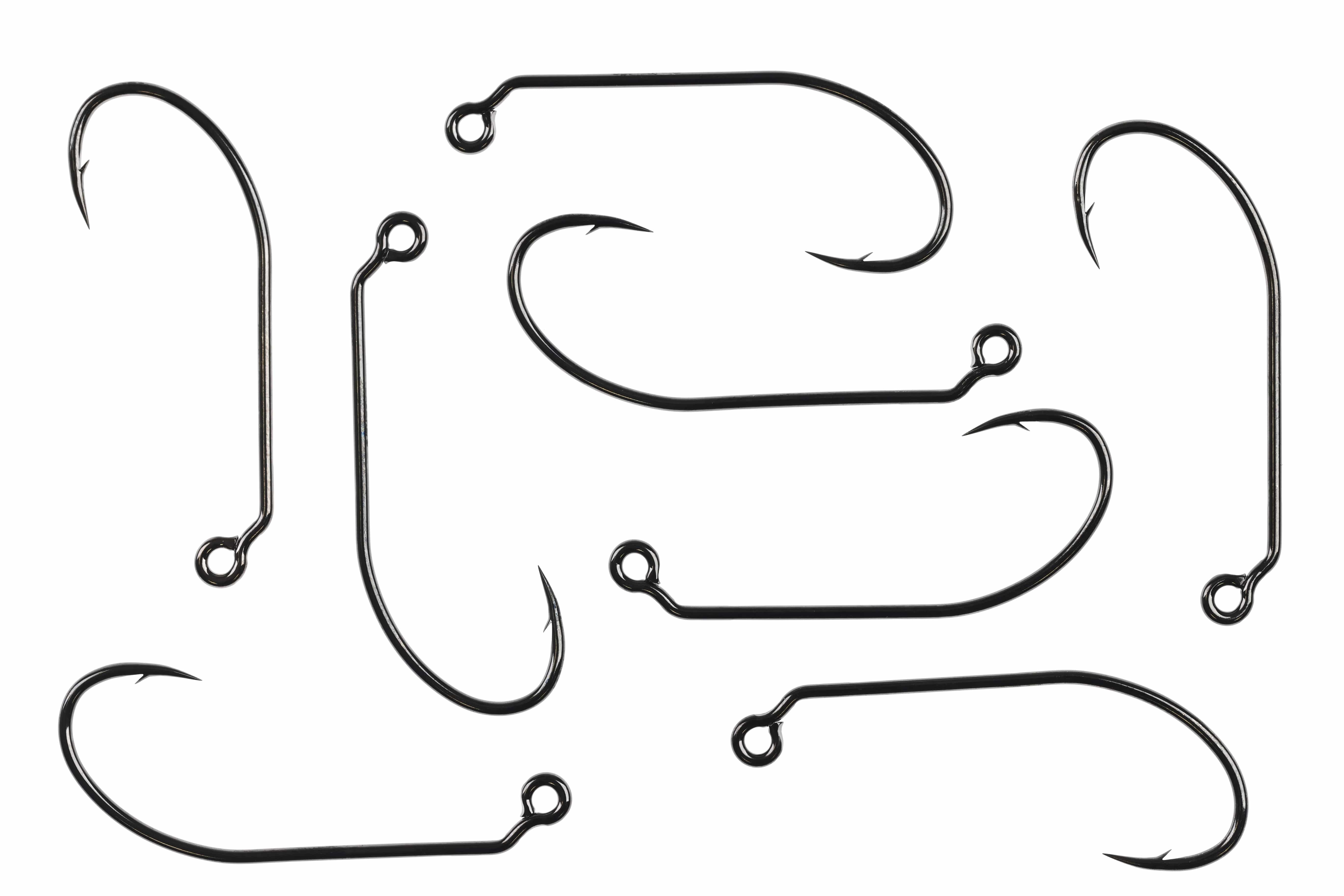 Black glossy 50-degree jig hooks with offset eye, curved barbed point and straight shank for fly tying