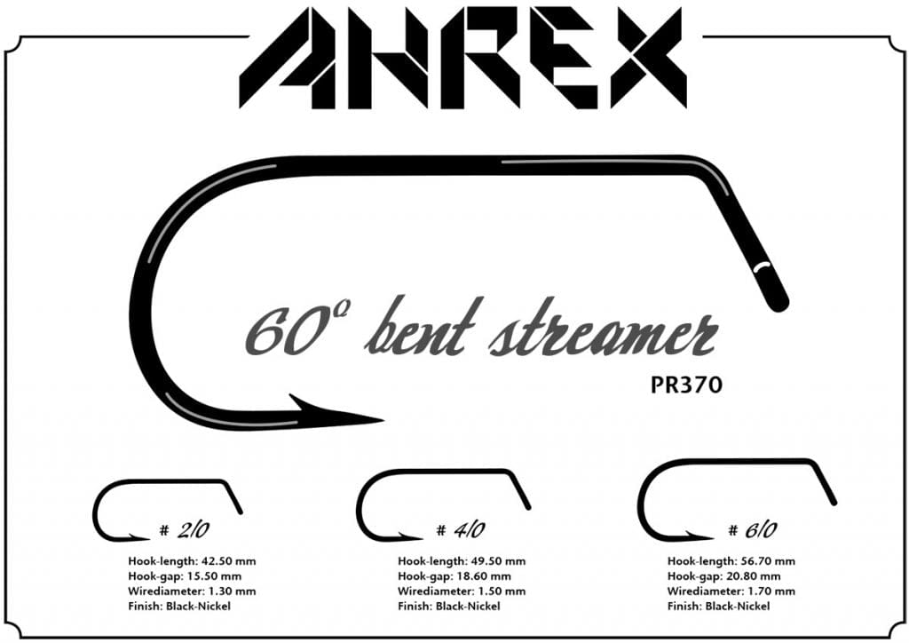 Ahrex PR370 60° bent streamer hooks, black-nickel finish, wide-gap curved fly-tying hooks sizes 2/0–6/0