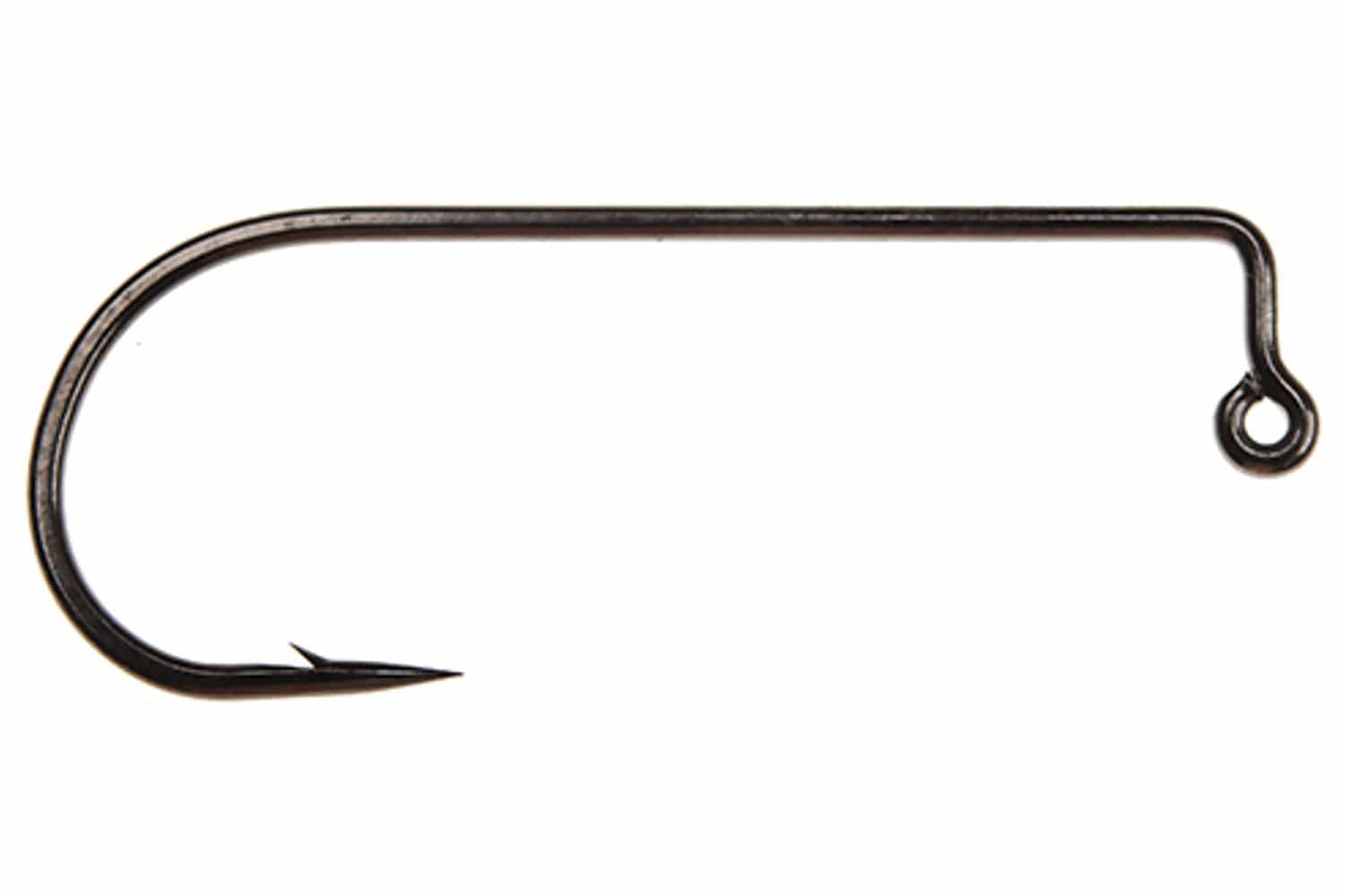 Ahrex PR374 black 90-degree jig hook with round eye, short shank and single barb, metal fly tying hook