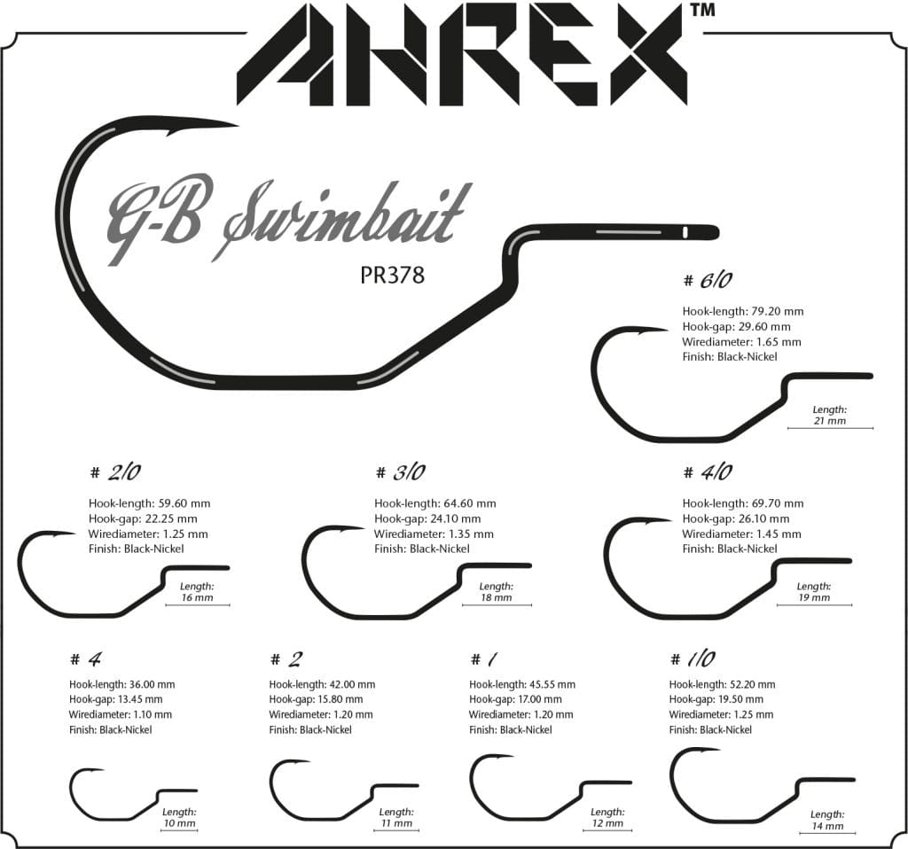 Ahrex PR378 GB black-nickel swim bait hooks diagram showing bent-shank swimbait hooks with sizes and dimensions