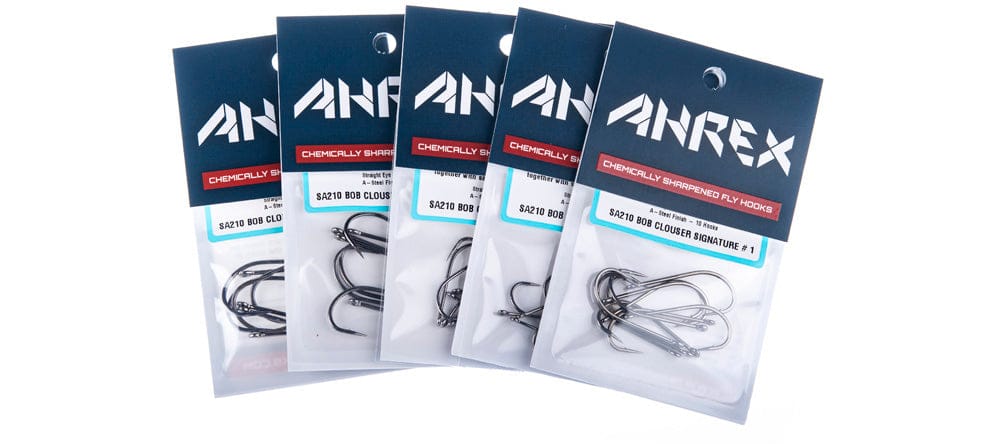 Five packs Ahrex SA210 Bob Clouser fly hooks, shiny nickel straight-eye hooks in navy retail cards
