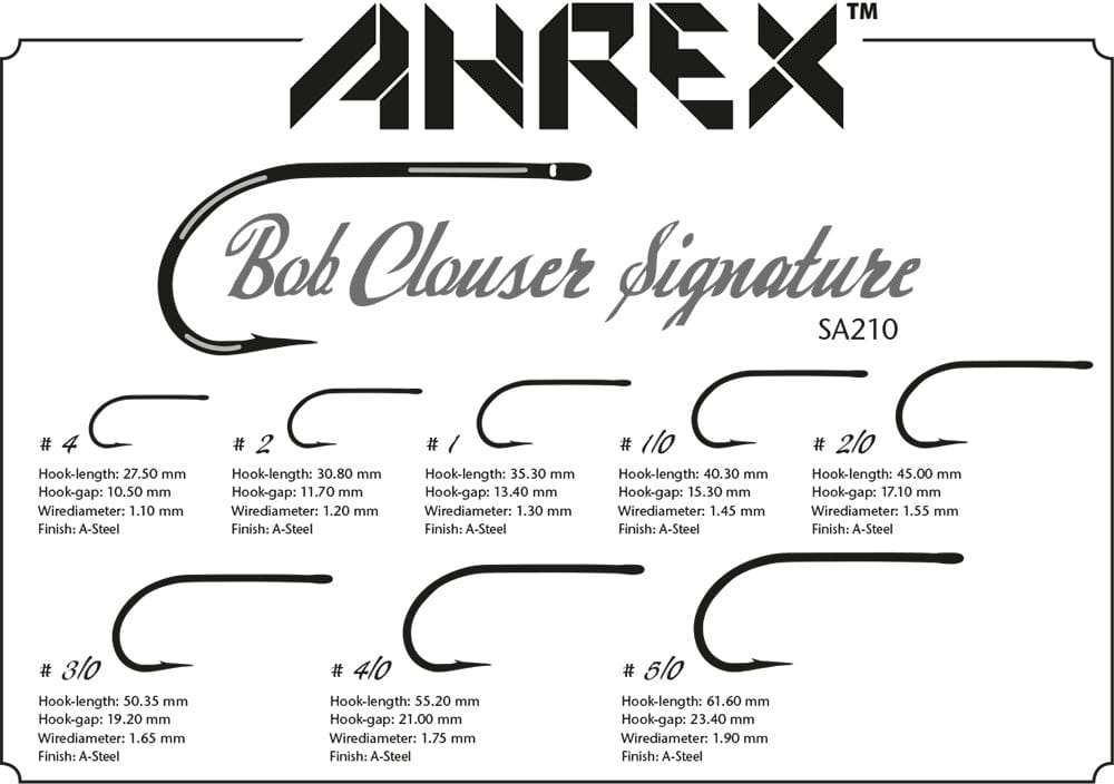 Ahrex SA210 Bob Clouser signature black A-steel fly tying hooks: curved, heavy-duty steel hooks displayed with size labels