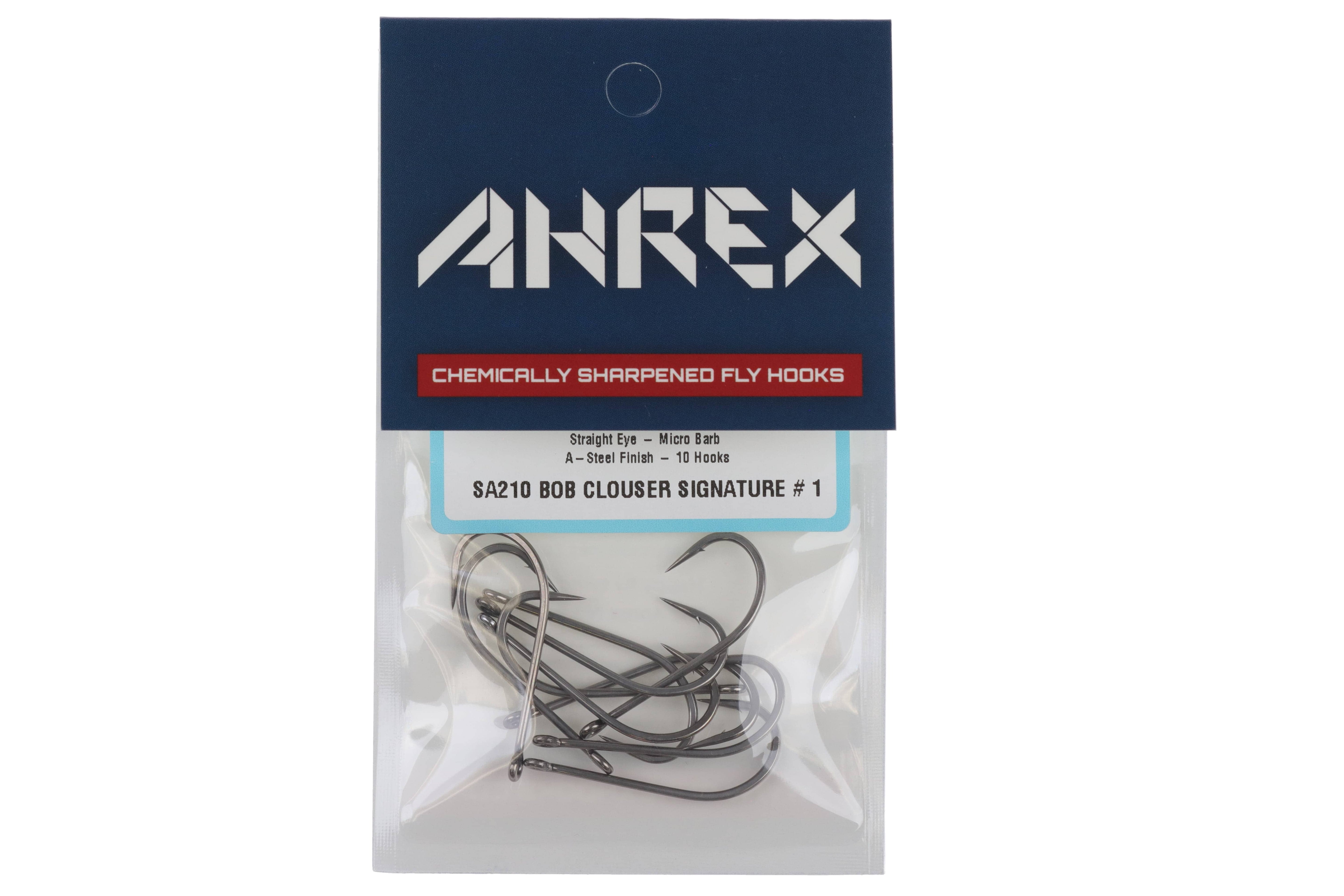Ahrex SA210 Bob Clouser fly hooks pack - navy header, red label; shiny dark steel straight-eye hooks in clear plastic