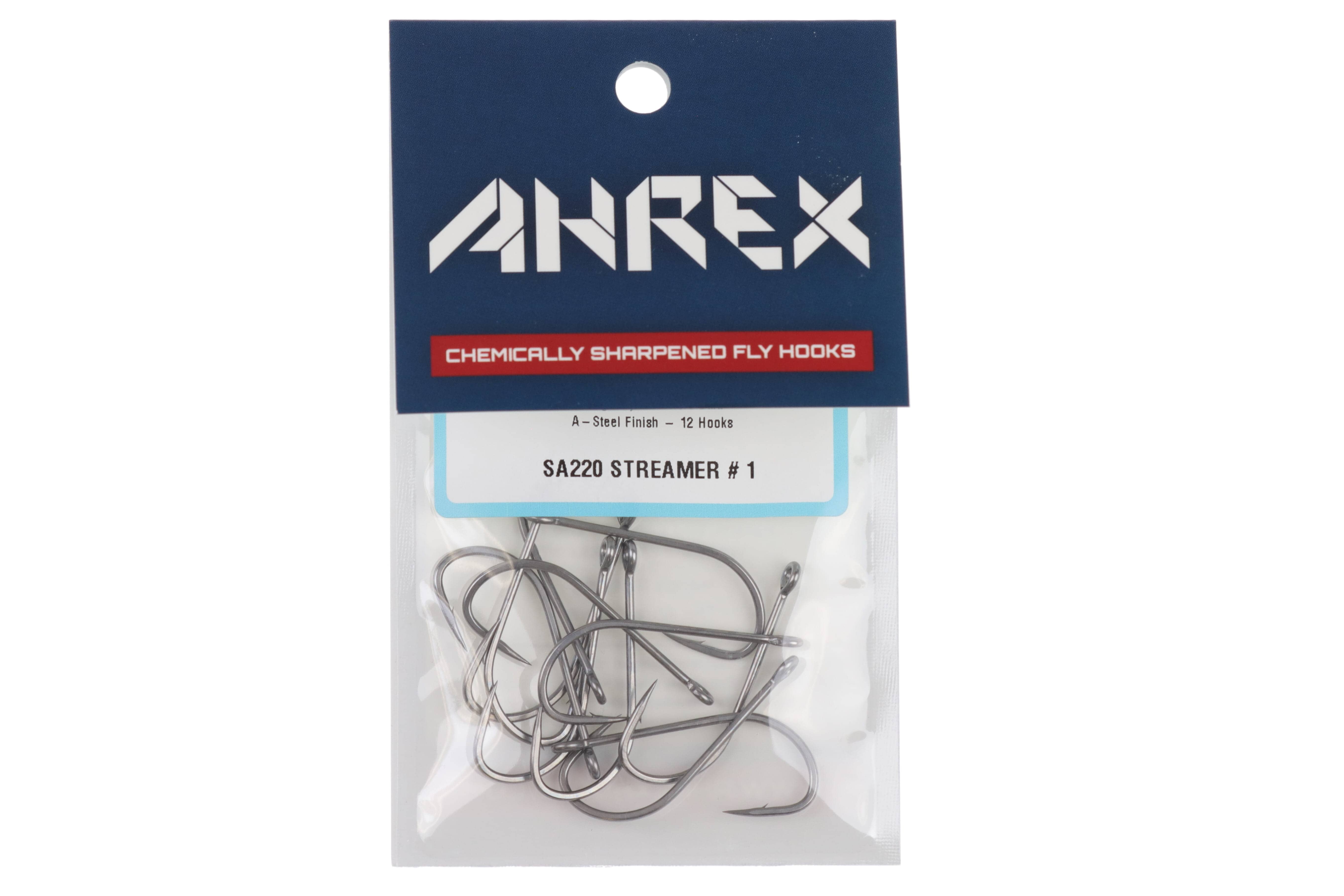 Ahrex SA220 saltwater streamer hooks pack with navy header, red chemically sharpened label and matte steel wide-gap fly hooks
