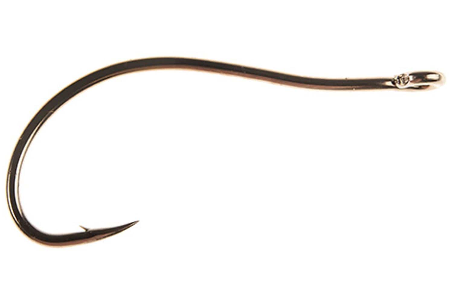 Bronze Ahrex SA250 saltwater shrimp hook, glossy metal wide-curved shank with ring eye and small barb for fly tying