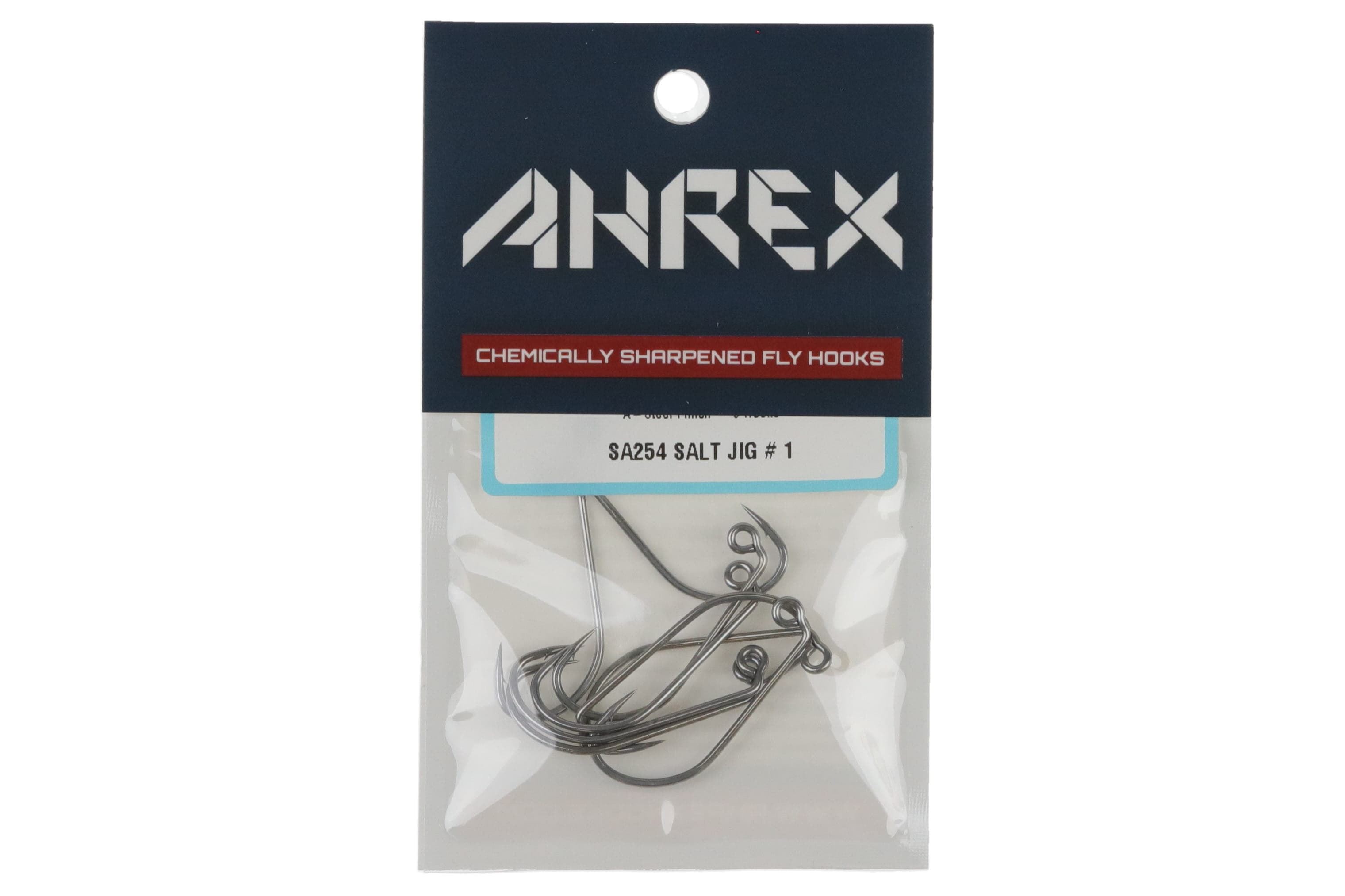 Ahrex SA254 salt jig hooks pack with silver stainless steel curved jig hooks, looped eyes visible in clear plastic pouch
