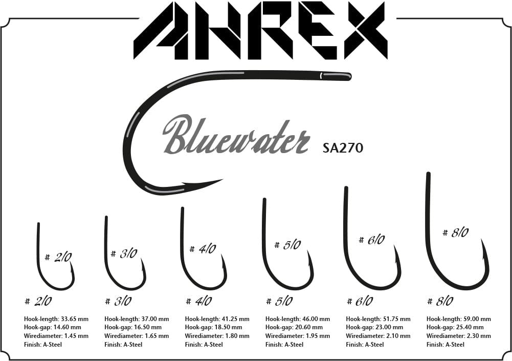 Ahrex Bluewater SA270 black steel fly tying hooks lineup, curved wide-gap saltwater hooks shown in sizes 2/0 to 8/0