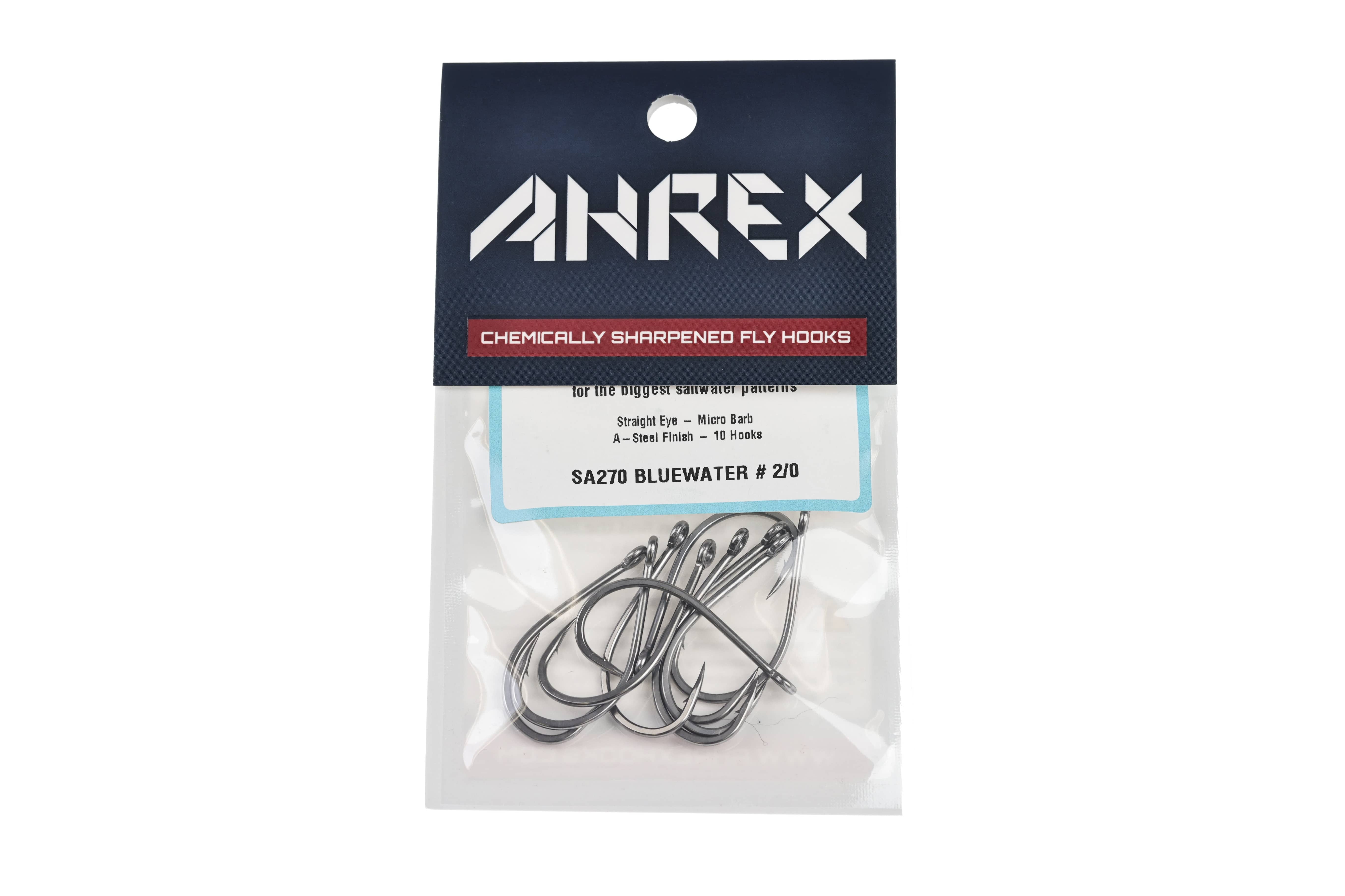 Ahrex SA270 Bluewater chemically sharpened silver steel fly hooks in clear pack with navy branded header
