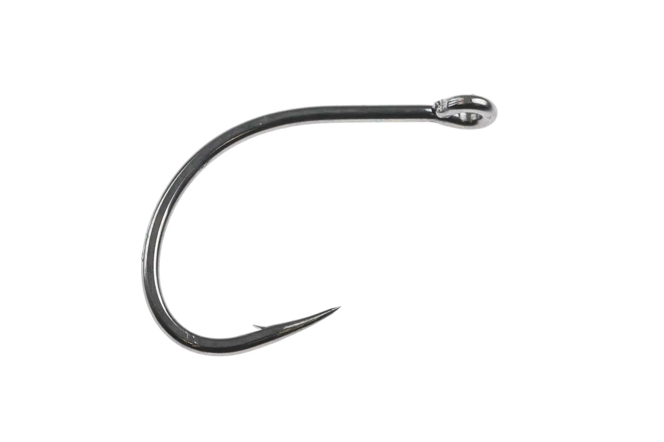 Black nickel curved saltwater fly tying hook with turned eye, barbed point and wide bend