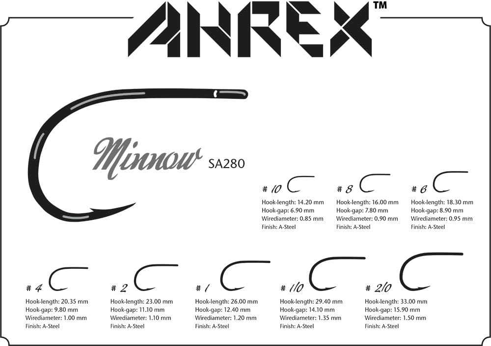 Ahrex SA280 saltwater minnow hooks diagram showing black steel curved hooks and size chart for fly tying