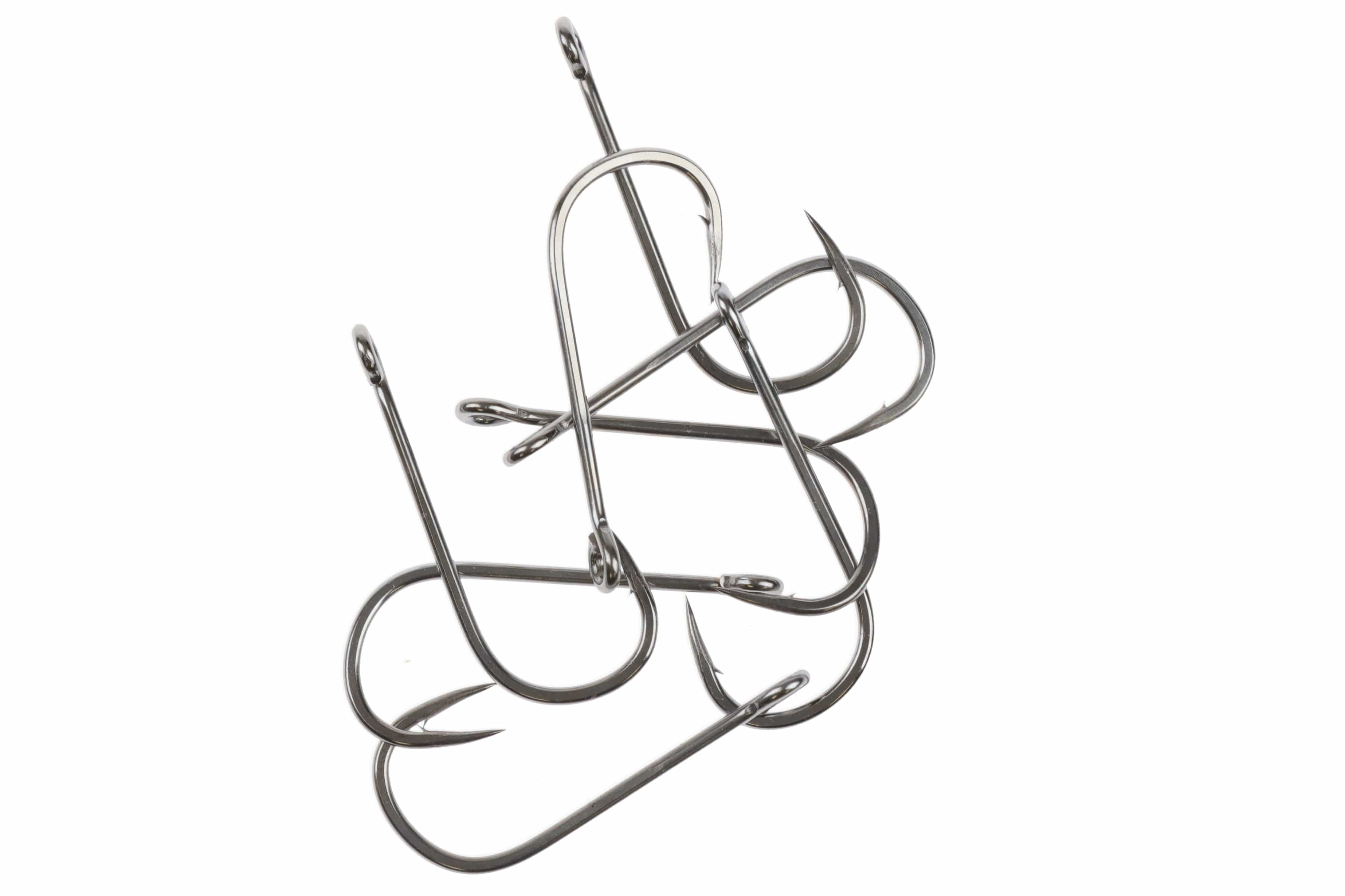 Shiny silver Ahrex long-shank fly tying hooks with wide gape, barbed points and sleek stainless finish