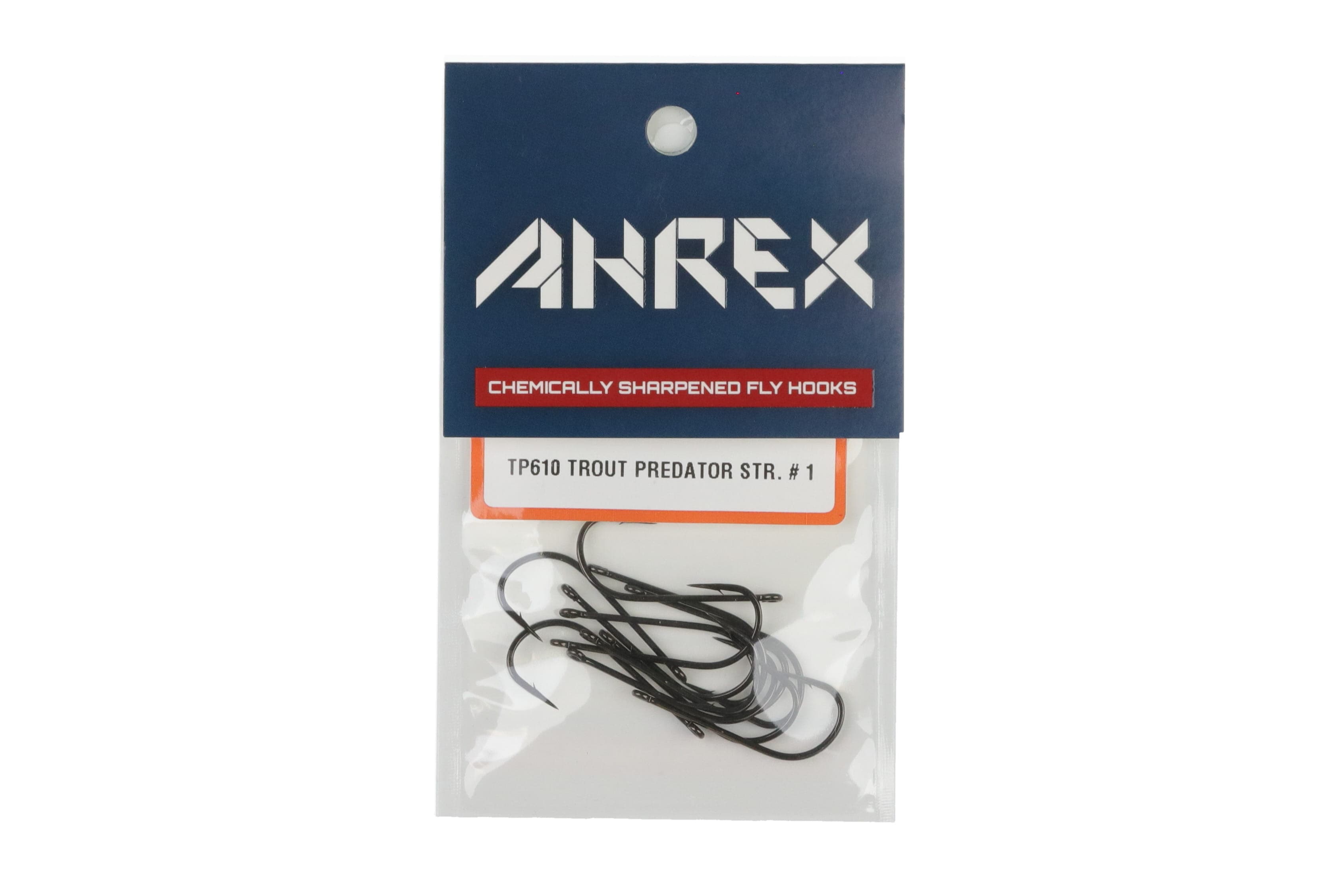 Ahrex TP610 matte black streamer fly hooks in clear pouch with navy header card, curved barbed hooks for fly tying