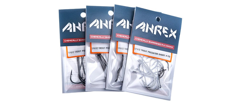 Ahrex TP612 Trout Predator short streamer hooks, blue header pack with clear pouch showing shiny nickel fly-tying hooks