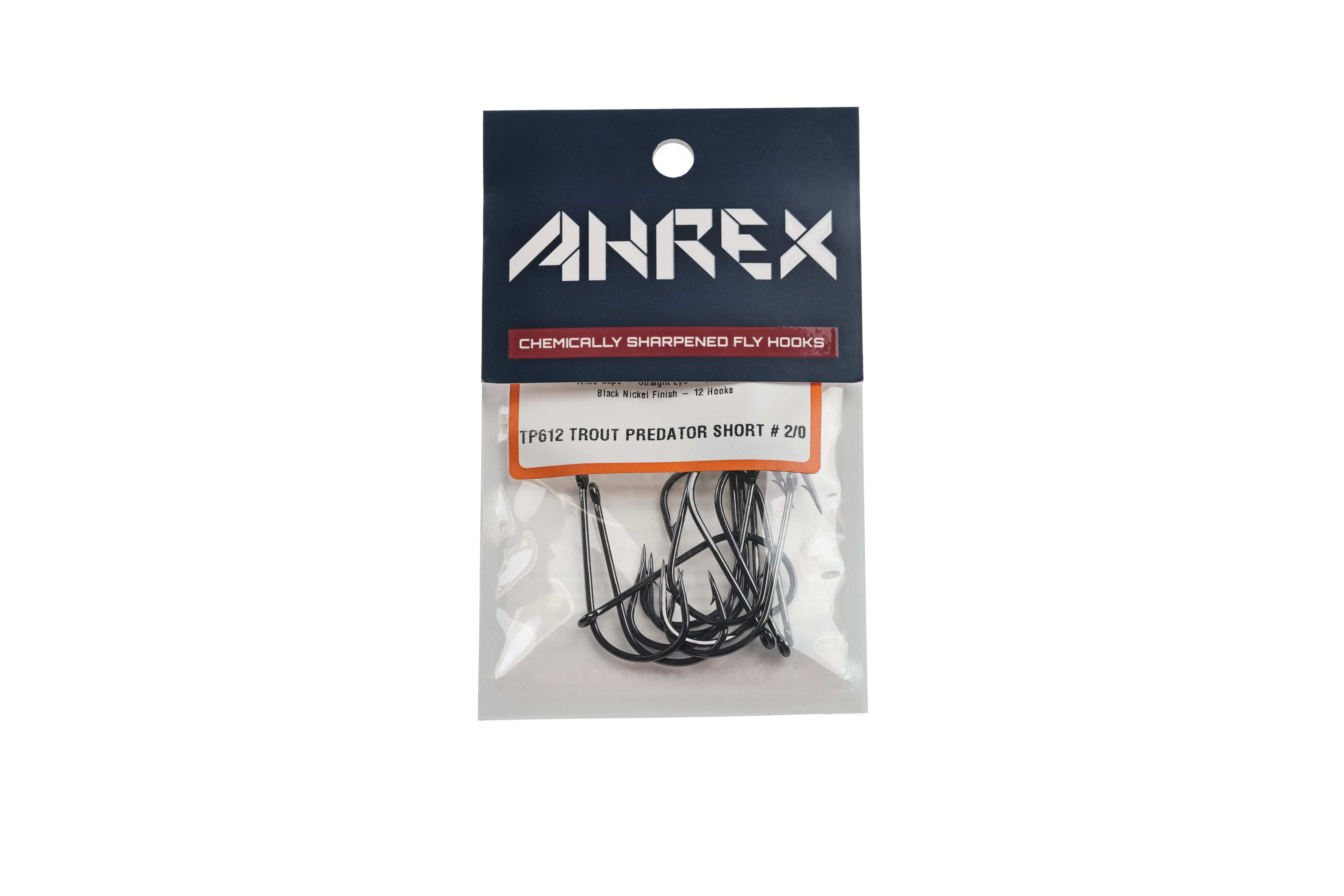 Ahrex black nickel streamer fly hooks in clear pouch, short curved trout predator style with chemically sharpened points