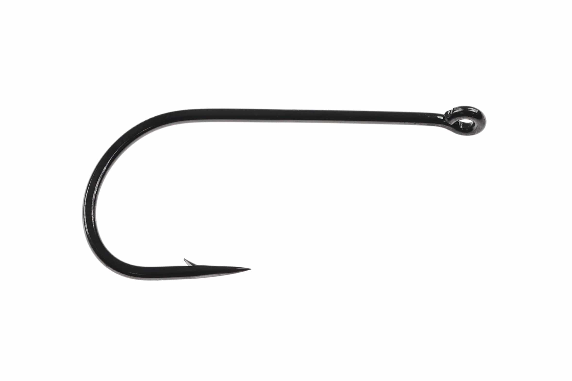 Black coated short-shank streamer hook with round bend, up-eye and sharp needle point, fly tying trout hook
