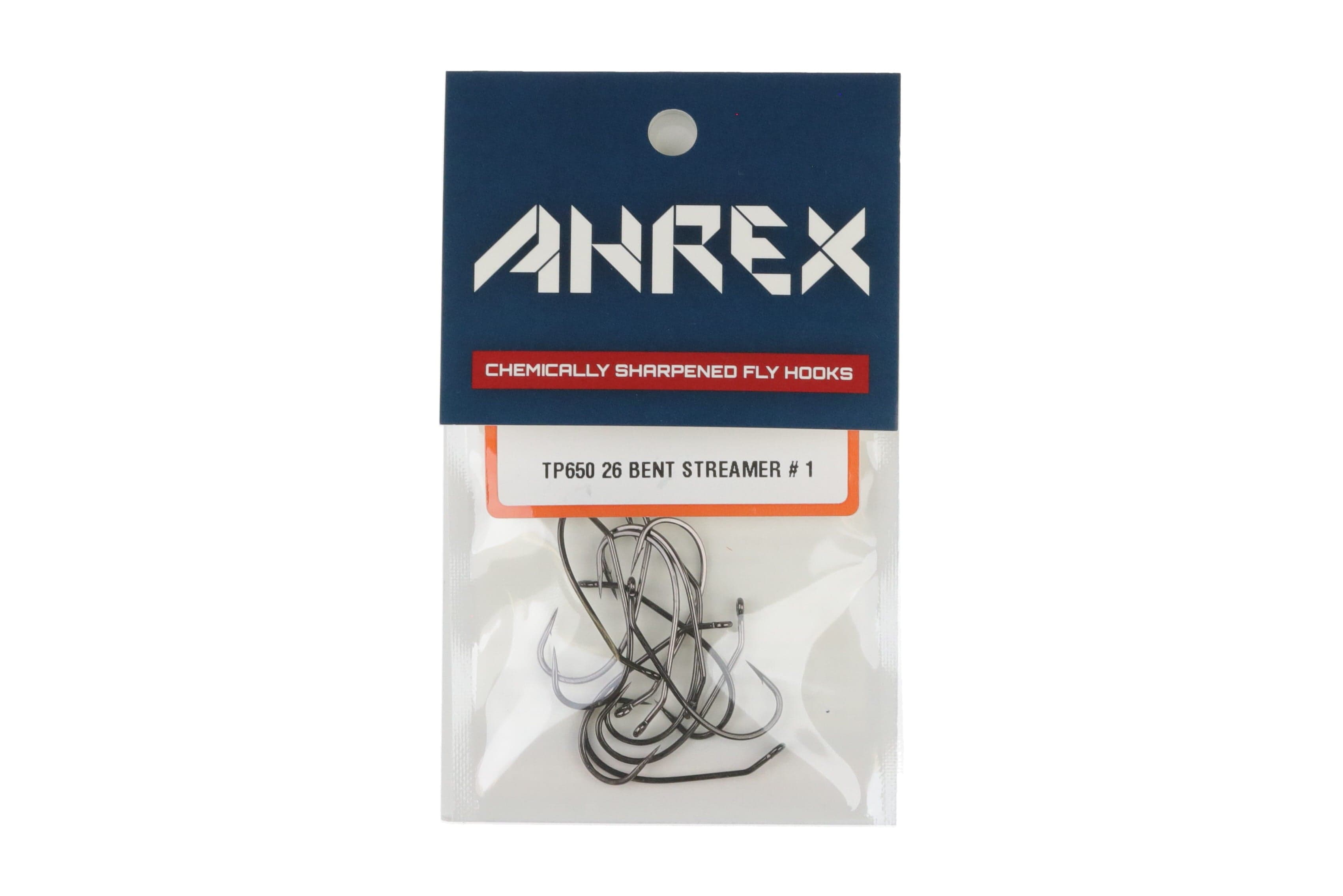Ahrex navy header pack with silver stainless steel TP650 26 degree bent streamer hooks in clear plastic bag