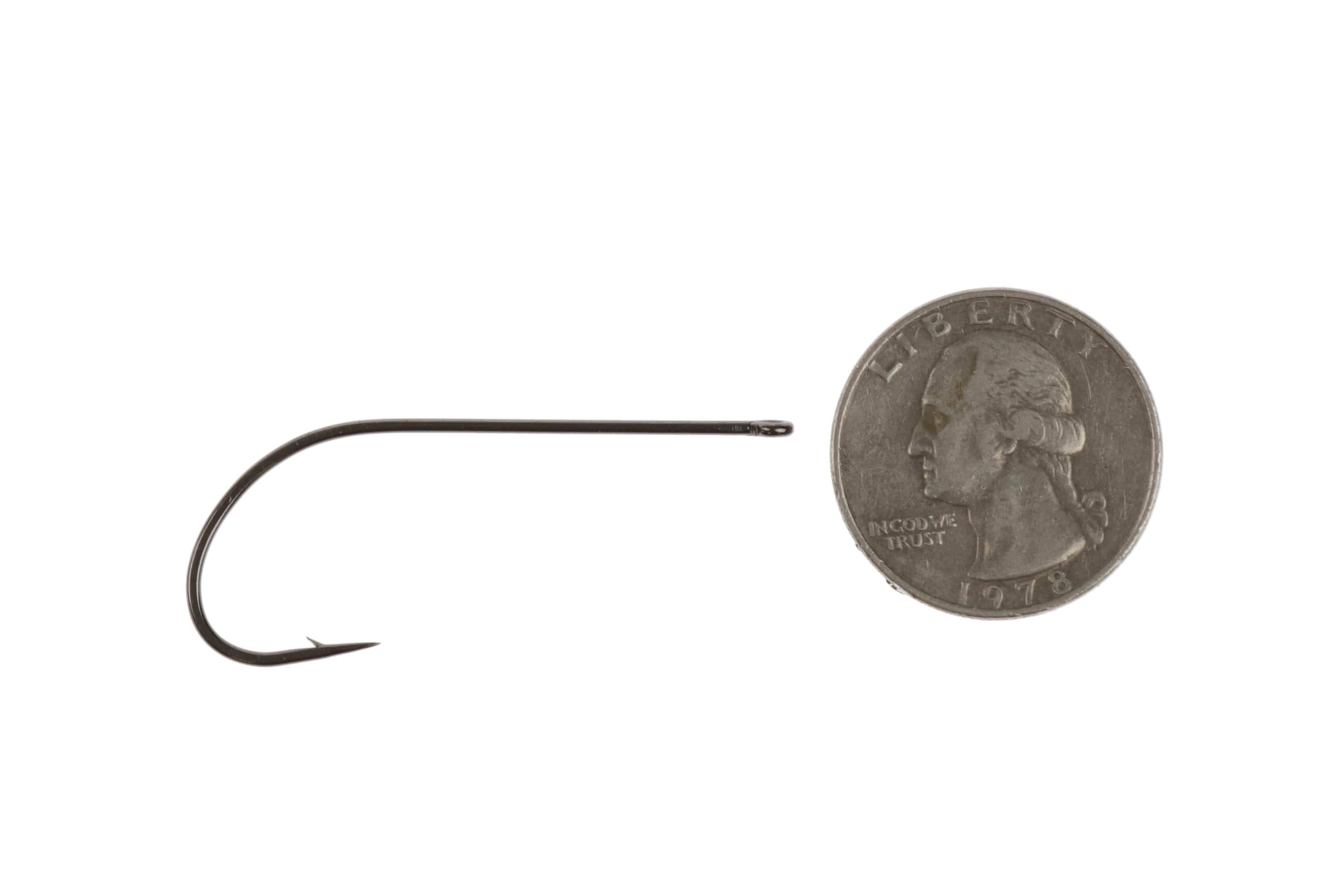 Ahrex black nickel stinger hook XO750, thin wire straight eye and sharp barbed point beside a US quarter for scale