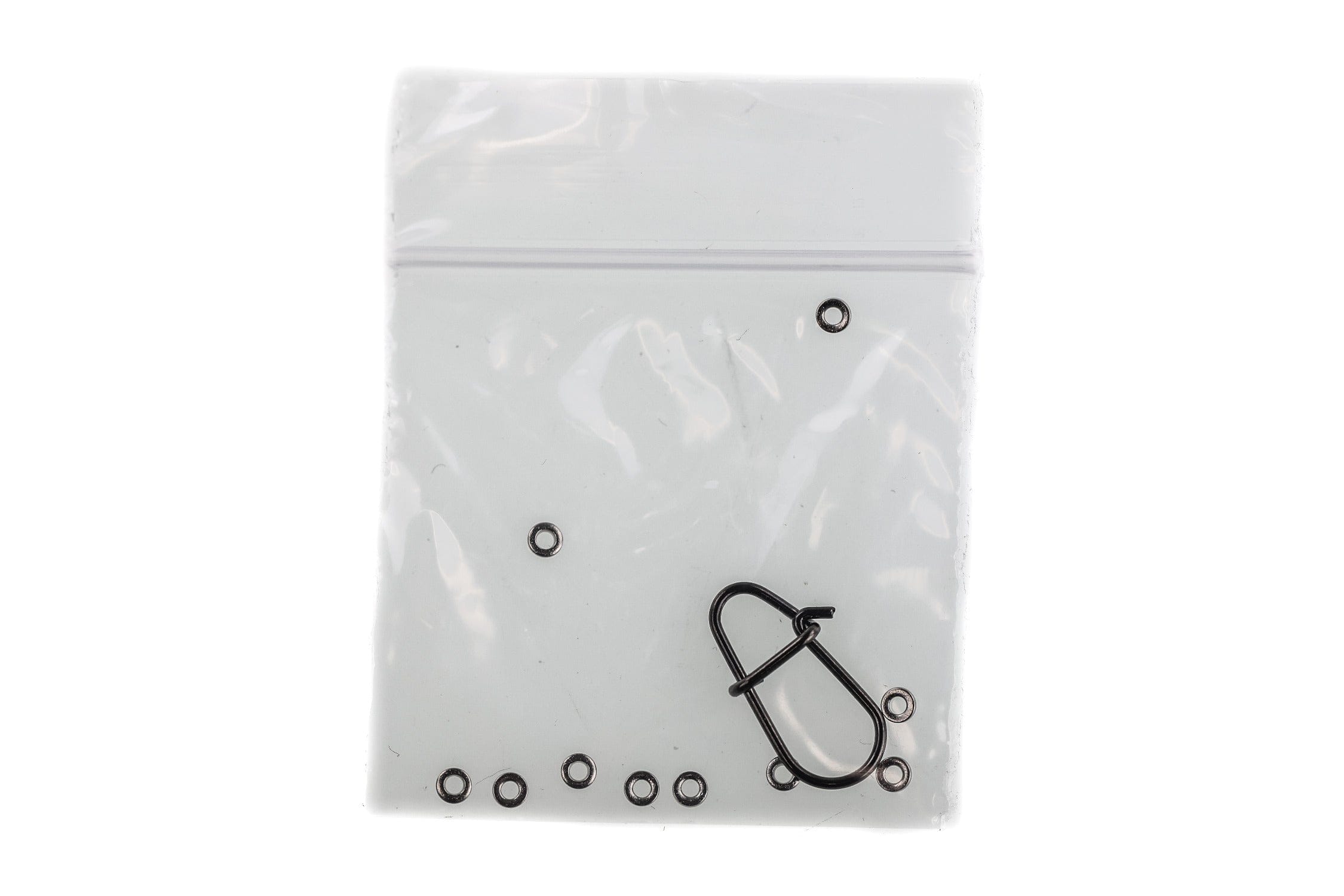 Airflo 2mm gunmetal micro tippet rings with black micro snap in clear resealable bag, fishing accessory