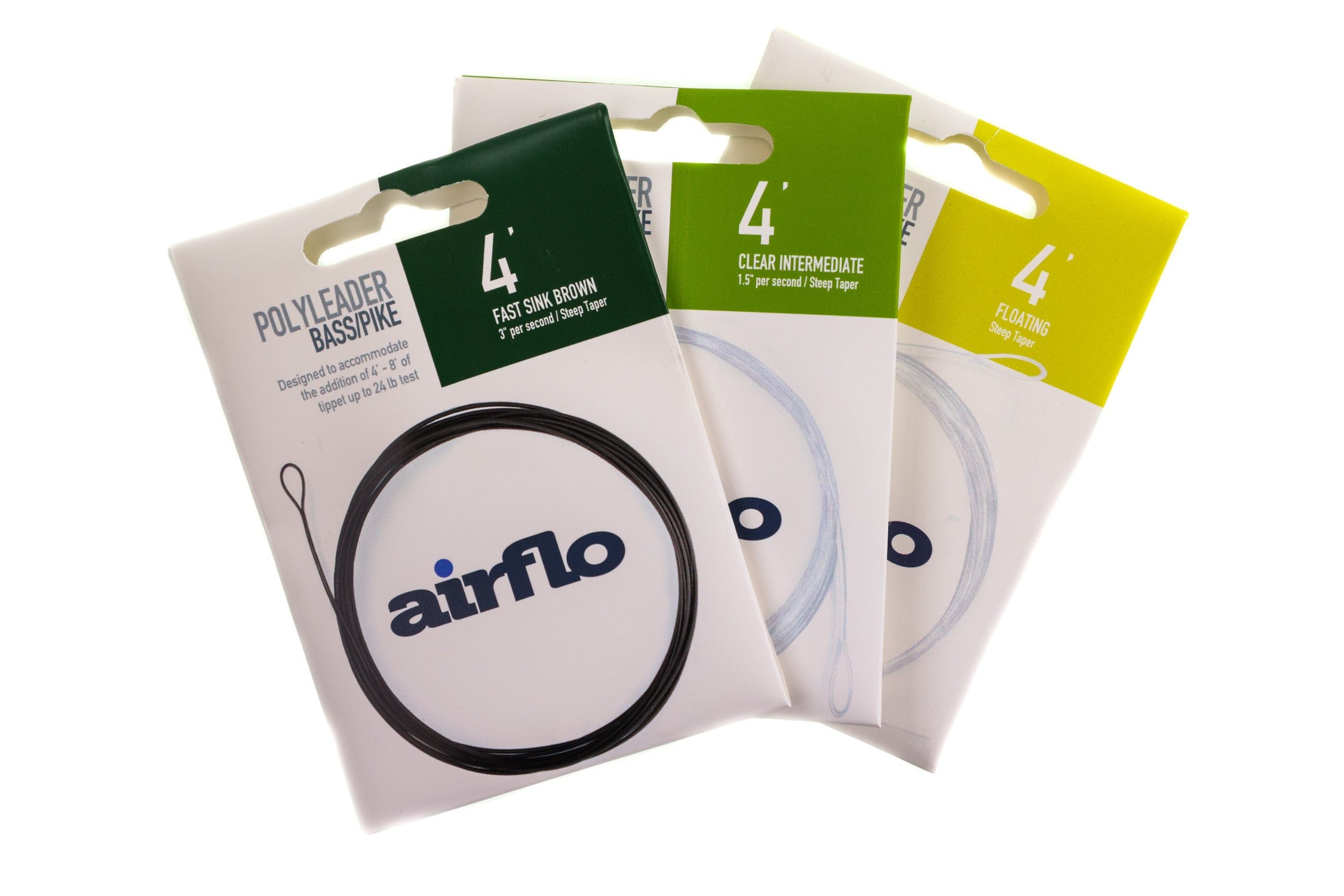Airflo Bass/Pike polyleader packs, white cardstock packaging with green and yellow headers and black coiled leader visible