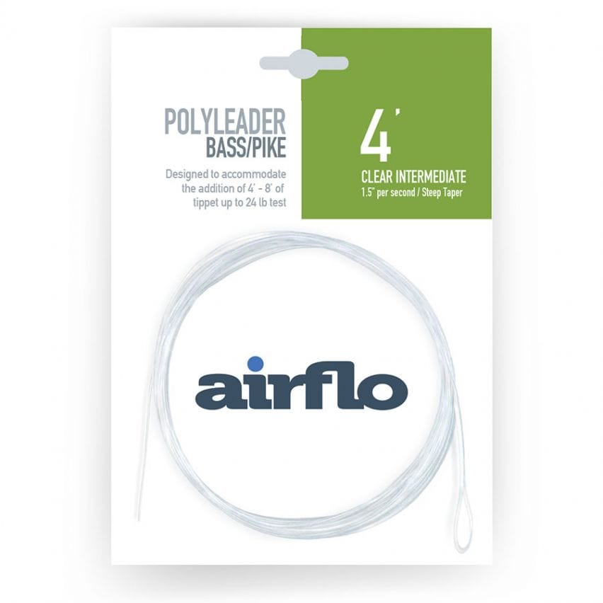 Airflo 4' clear intermediate polyleader for bass/pike, coiled clear polyleader line on white card packaging with green header