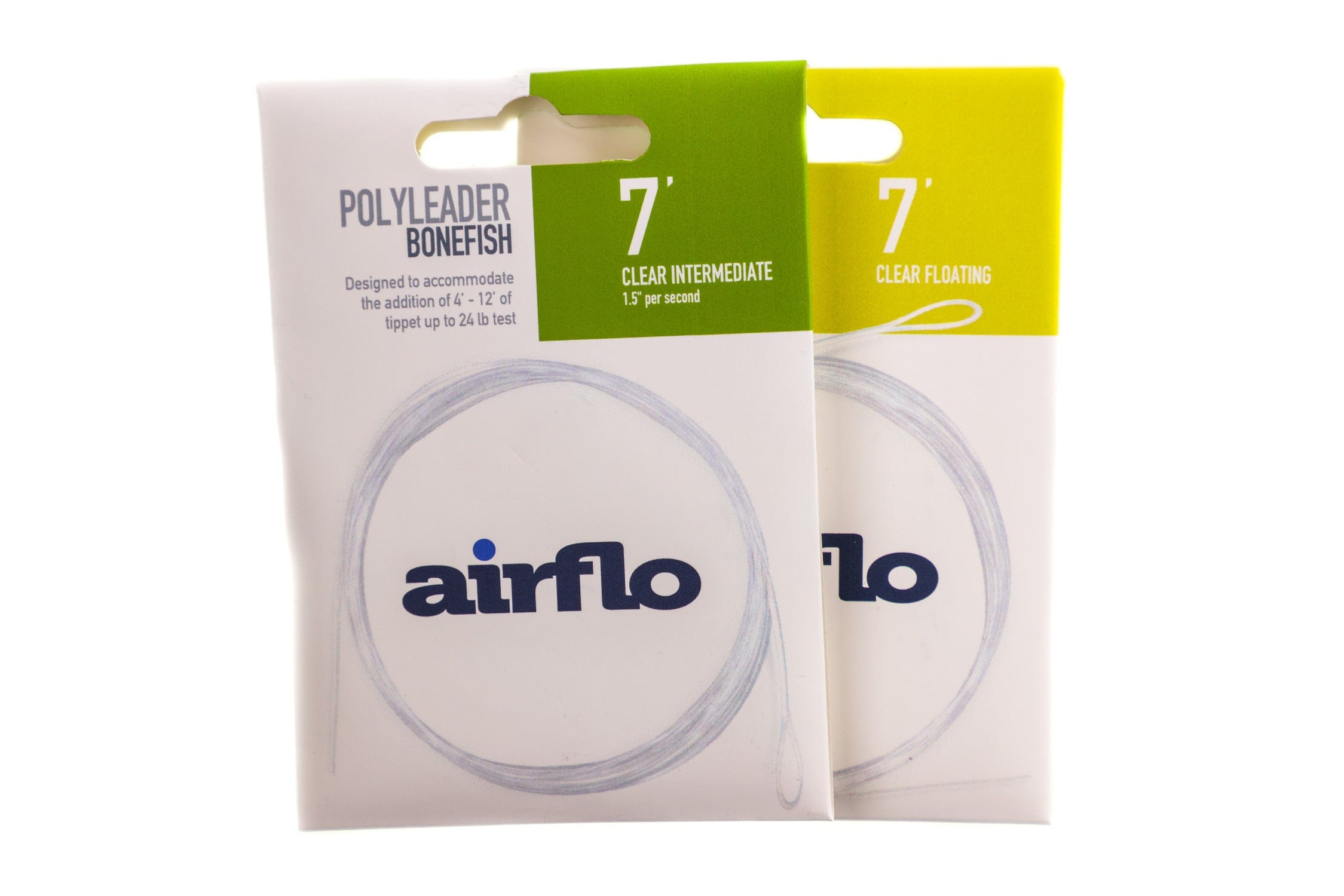 Airflo Bonefish polyleader packaging, white card with green and yellow tabs and visible clear coiled nylon leader