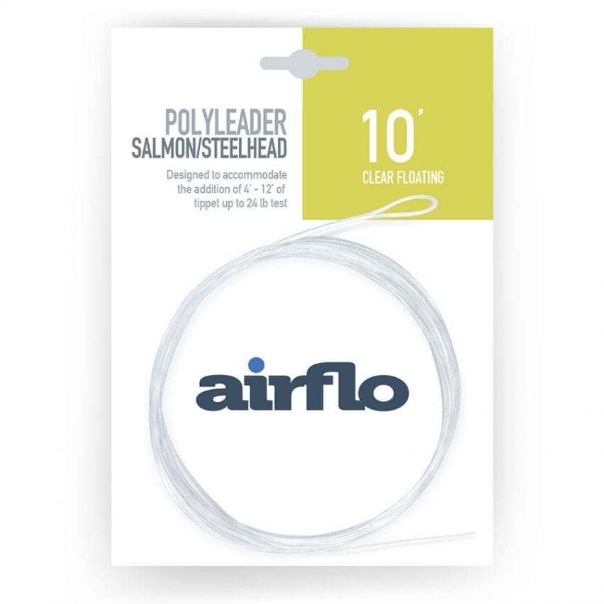 Airflo 10' clear floating polyleader coiled on white backing card — clear poly salmon/steelhead fly fishing leader