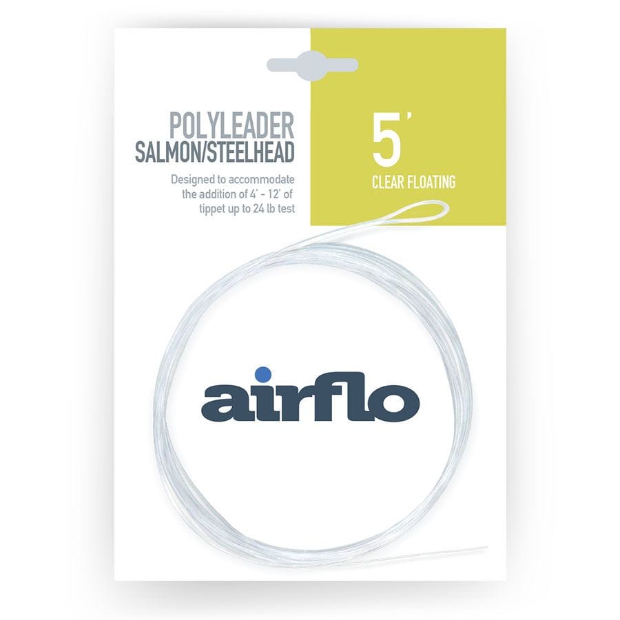 Airflo 5' clear floating polyleader for salmon/steelhead, extra-strong translucent looped fishing leader on white card