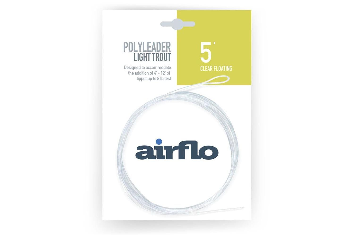 Airflo polyleader 5ft clear floating trout leader coiled translucent line on white card with chartreuse header and logo