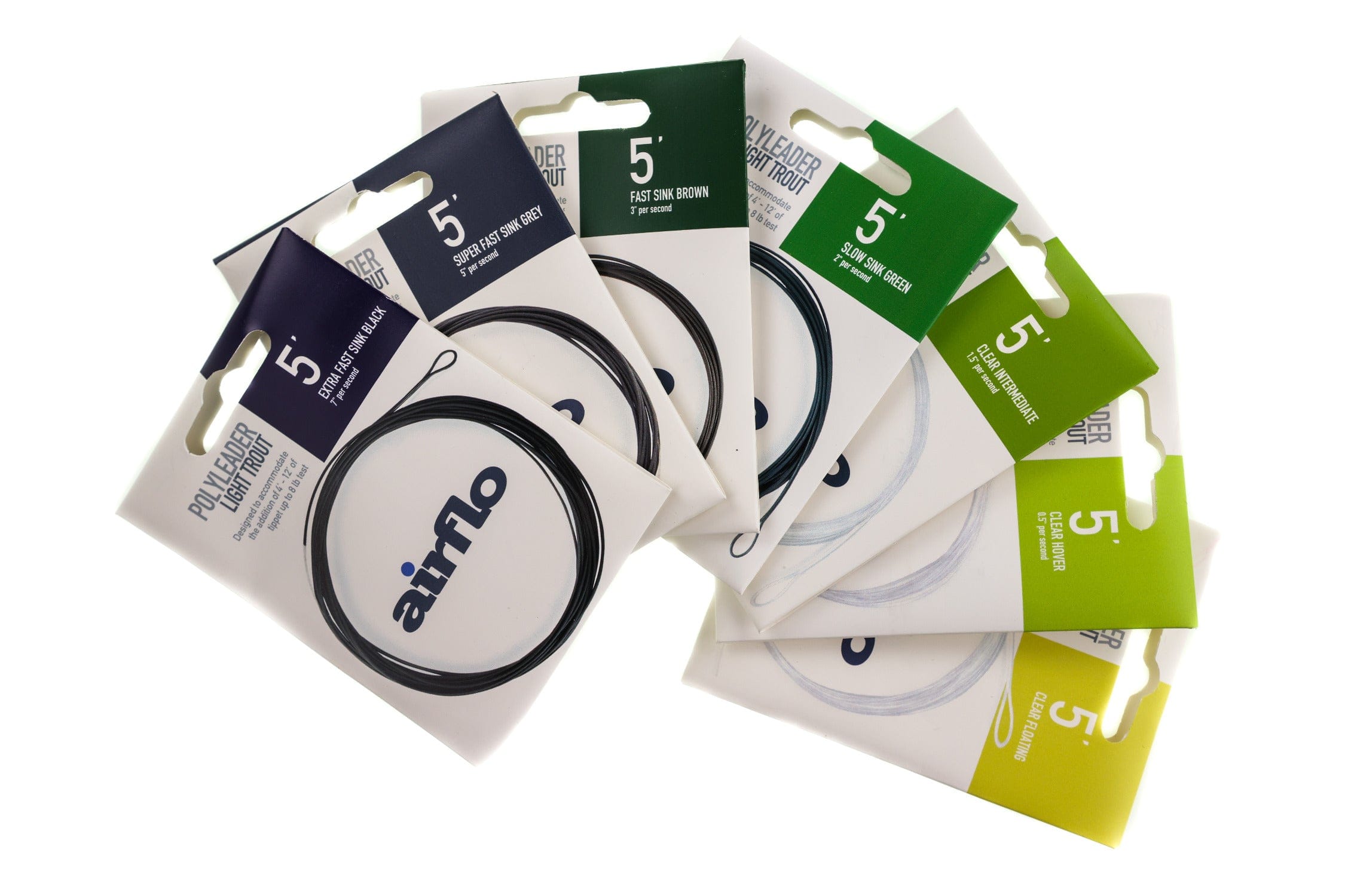 Airflo Light Trout polyleader packs fanned, white cards with green/navy headers and coiled black and clear 5' polyleaders