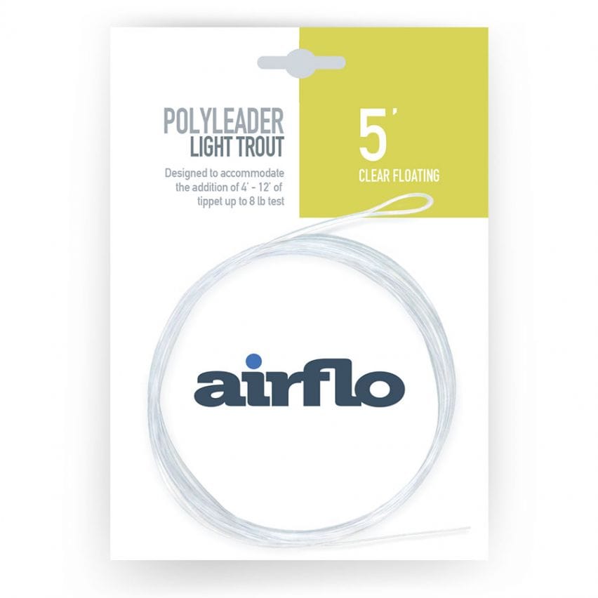 Airflo 5' clear floating polyleader coiled on white card packaging with green panel and blue logo