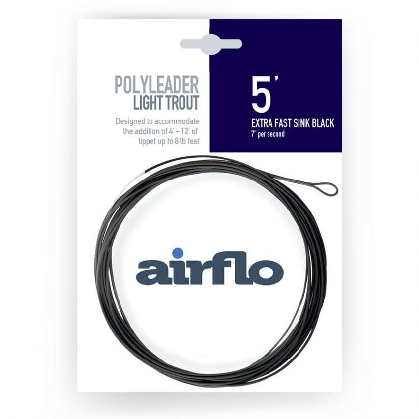 Airflo 5' black extra-fast sink polyleader coiled on white card with looped end and Airflo logo, fly fishing trout leader