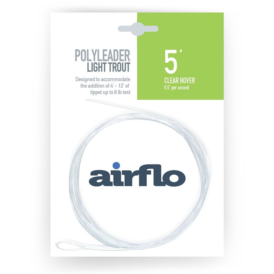Airflo Light Trout polyleader packaging with coiled clear poly leader, white card, green 5' label and navy Airflo logo