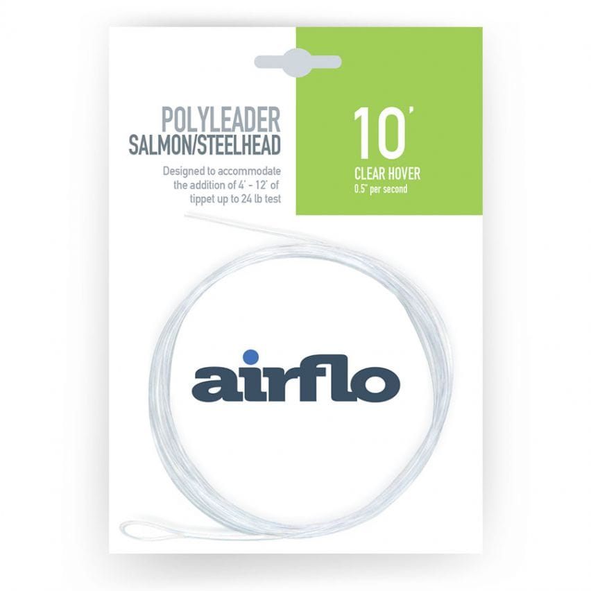 Airflo 10' clear coiled polyleader on white and green card, translucent nylon leader for salmon/steelhead fishing